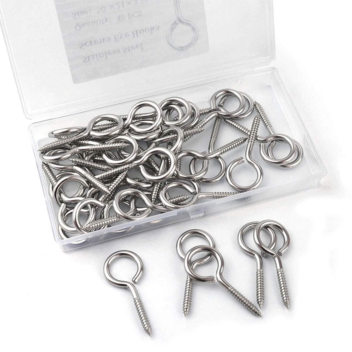 Hamineler 40 Pcs 2 inch 304 Stainless Steel Self Tapping Eye Screws Metal Hook, Wood Terminal Ring Eye Hooks