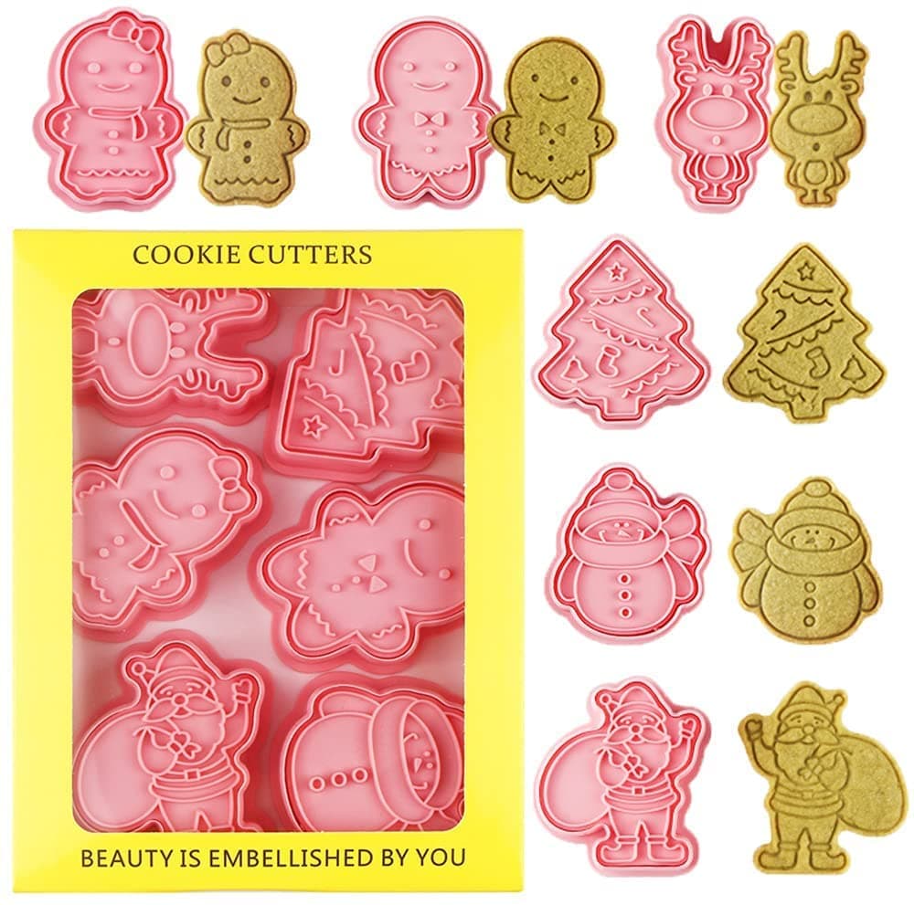 6 Pcs Christmas Cookie Cutters Set Christmas Biscuits Cutter Molds,Cookie Stamp Fondant Cutters for Santa Claus,snowman,elk,Christmas Tree,gingerbread Man (Pink 1)
