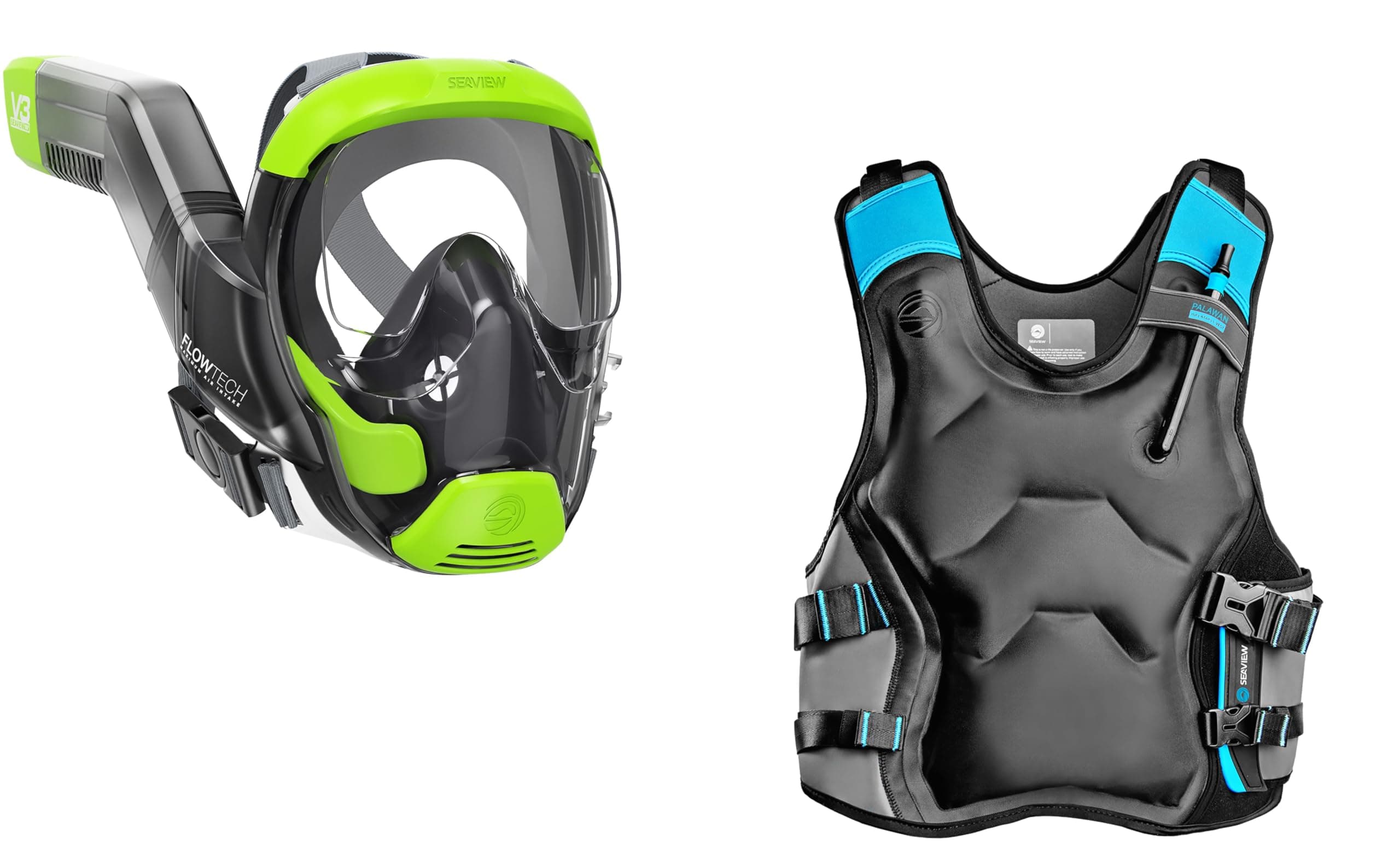 Seaview 180V3 Full Face Snorkel Mask + Palawan Inflatable Snorkel Vest Size L (Bundle Pack) The Perfect Snorkeling Gear for Adults and Kids