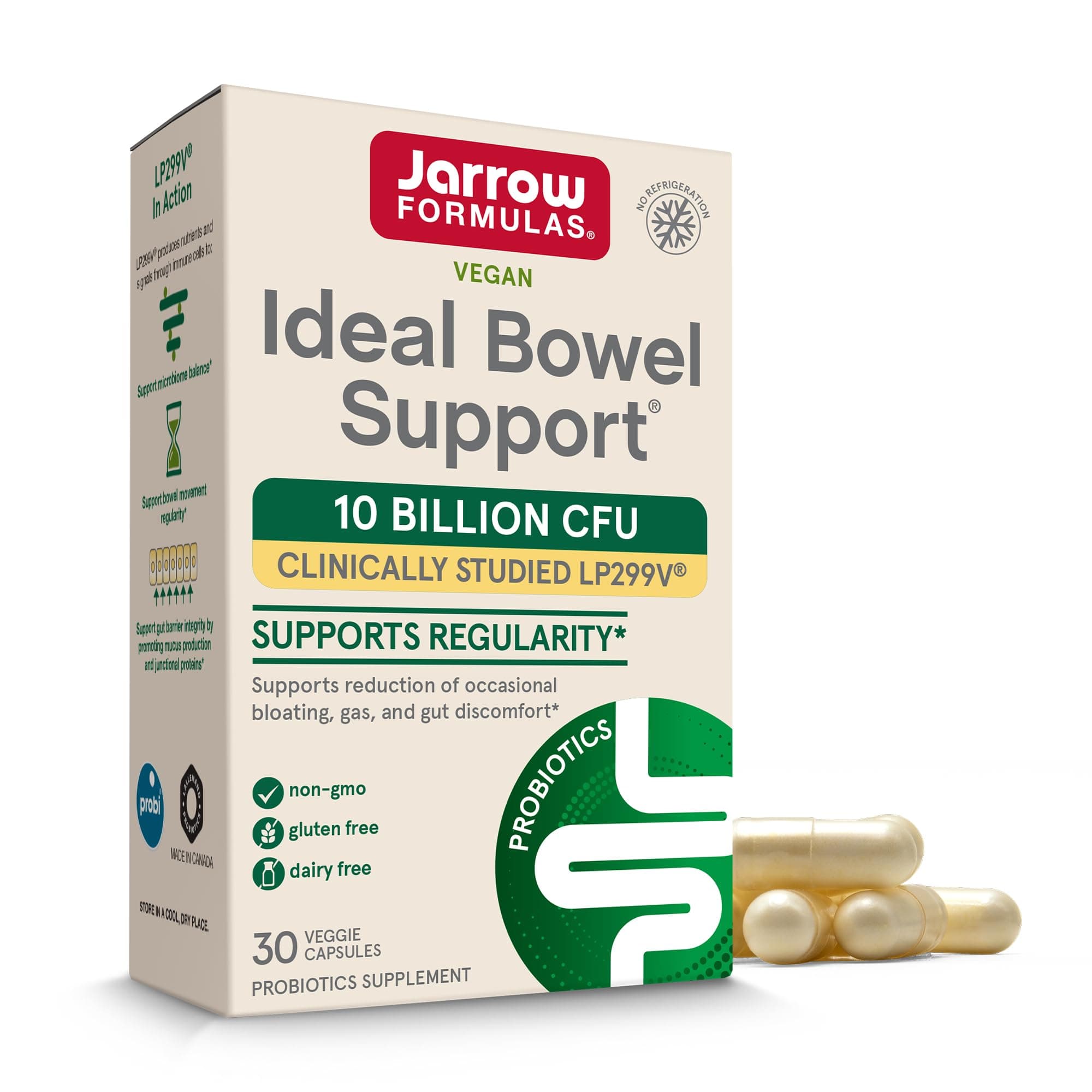 Jarrow Formulas Ideal Bowel Support - 10 Billion CFU Per Serving - Bowel Support - Reduces Bloating, Gas & Intestinal Discomfort - Up to 30 Servings (Veggie Caps)