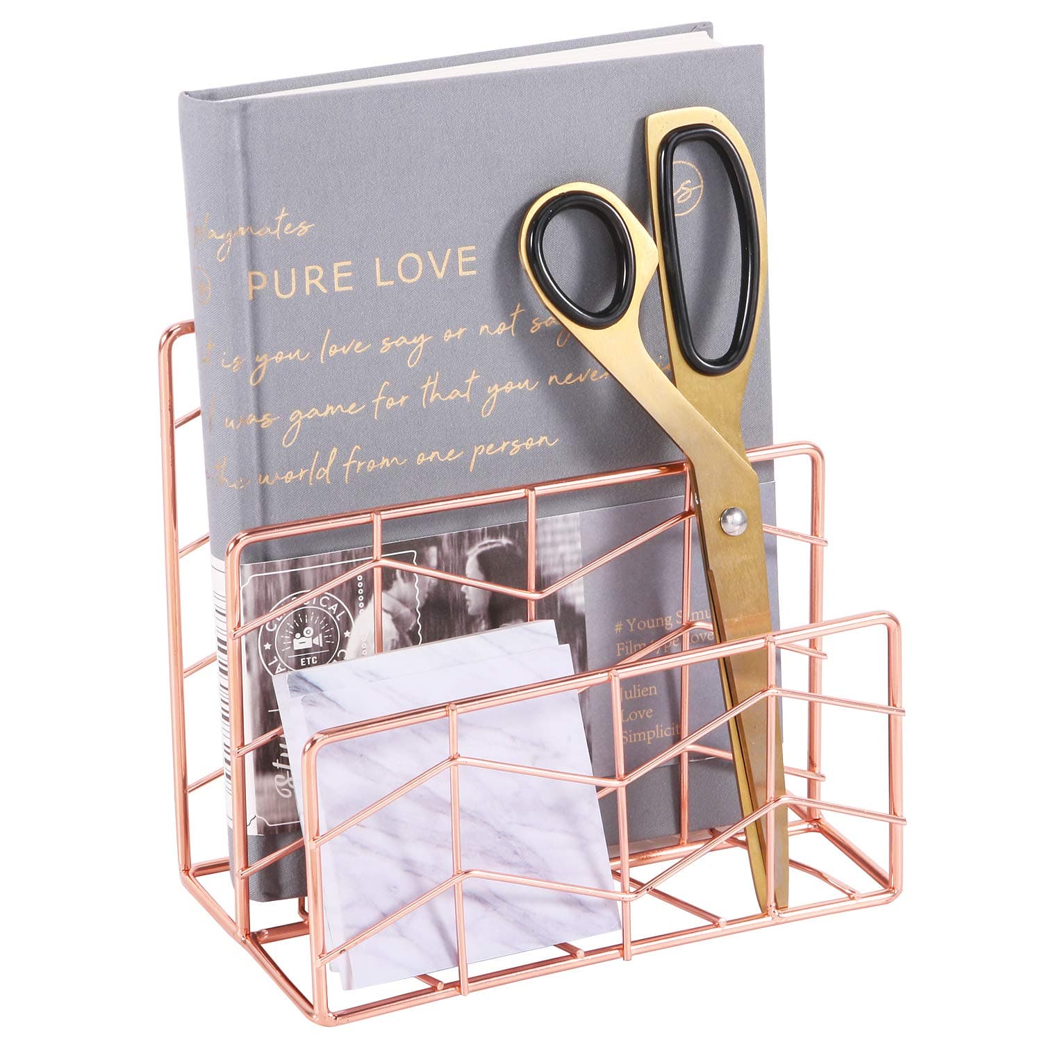 Nugorise Mail Sorter, 2 Slot Wire Letter Holder Rack, Decorative Desk Paper Organizer for Bill, Envelope, Postcard, Brochure, File and More, Rose Gold