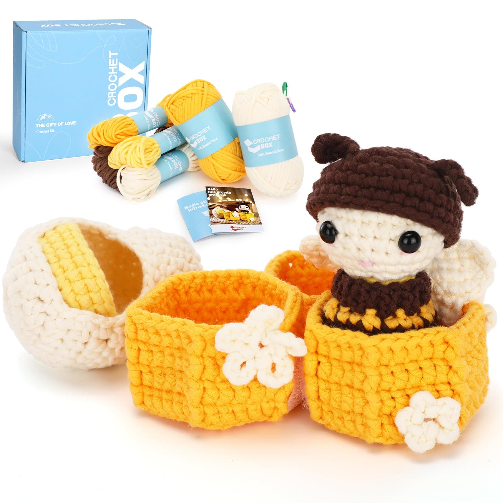 かぎ針編みキット 初心者 大人用 - Bee Grow Up Starters かぎ針編みキット 初心者用 大人用 子供用 DIY クラフトギフト かぎ針編み糸付き フック ステップバイステップビデオ 説明書