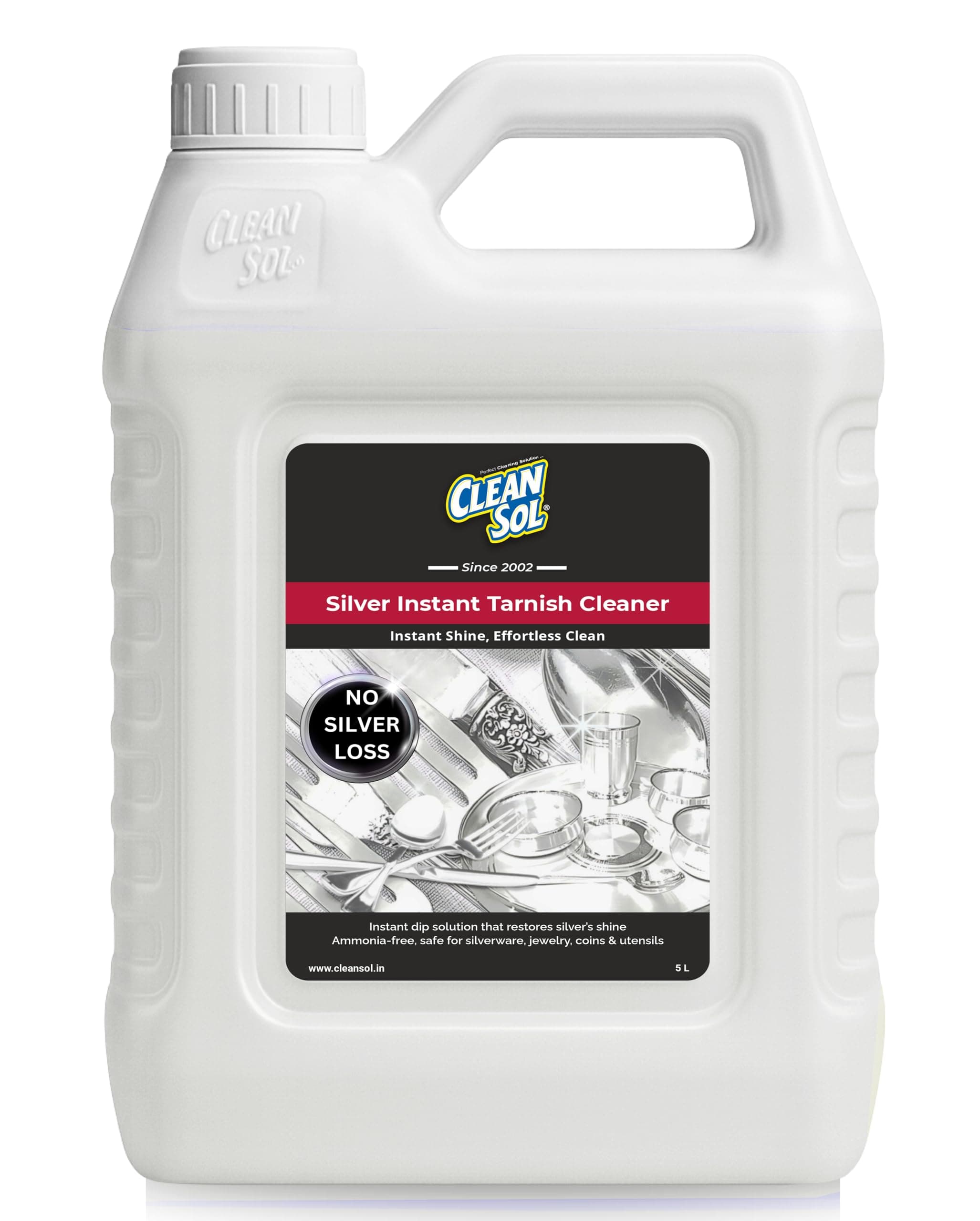 Cleansol Silver Dip Cleaner Liquid – 5 Litre | Instant Silver Cleaner & Tarnish Remover for Pooja Items, Utensils & Jewellery | Silver Shine Cleaning Liquid for Silverware & Ornaments