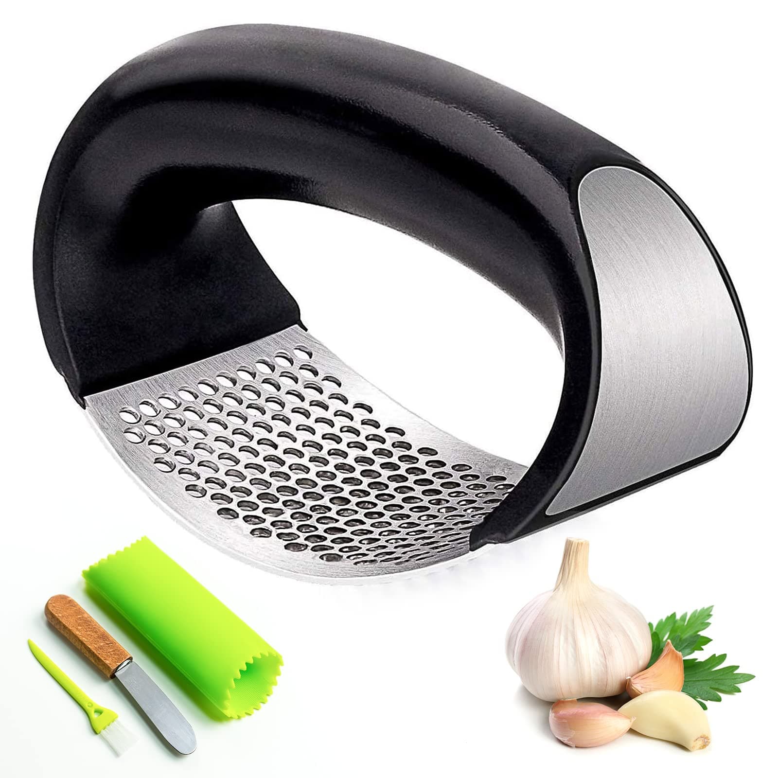 Garlic Press Rocker-Stainless Steel Garlic Mincer Professional Garlic Crusher Garlic Masher Tool with Silicon Peeler Comfortable Handle