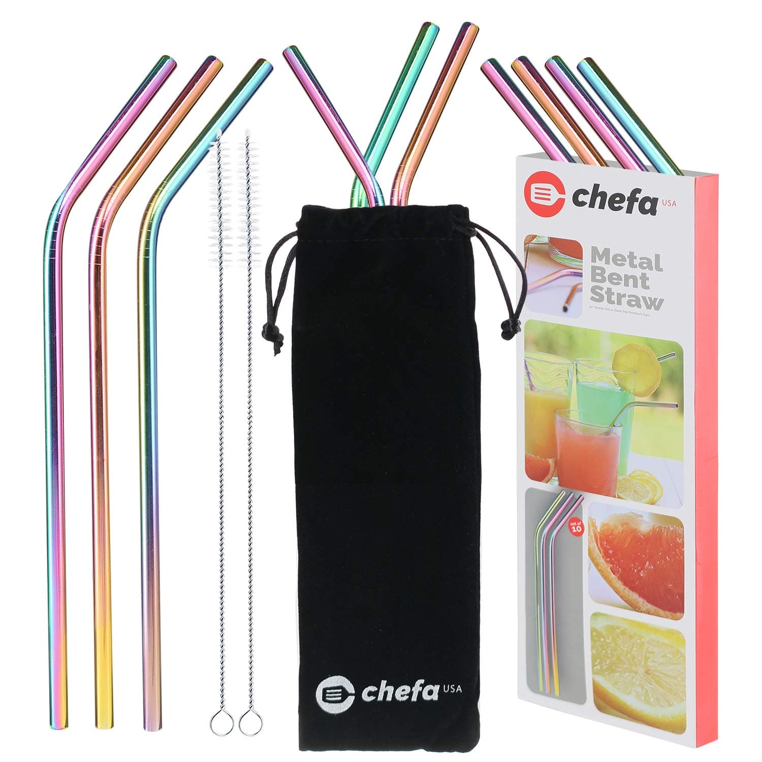 Set of 10 - Stainless Steel Straws, Eco Friendly Metal Straw, Non Disposable Straws, Reusable for Tumbler Yeti or Ozark, With 2 Cleaning Brushes - And Cary Bag, Rainbow