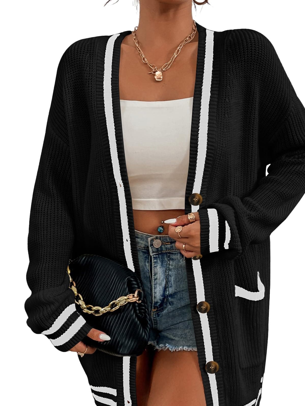 FERBIAWomens Striped Lightweight Cardigan Sweaters Open Front Long Sleeve Cardigans Fall Waffle Knit Coat with Pockets