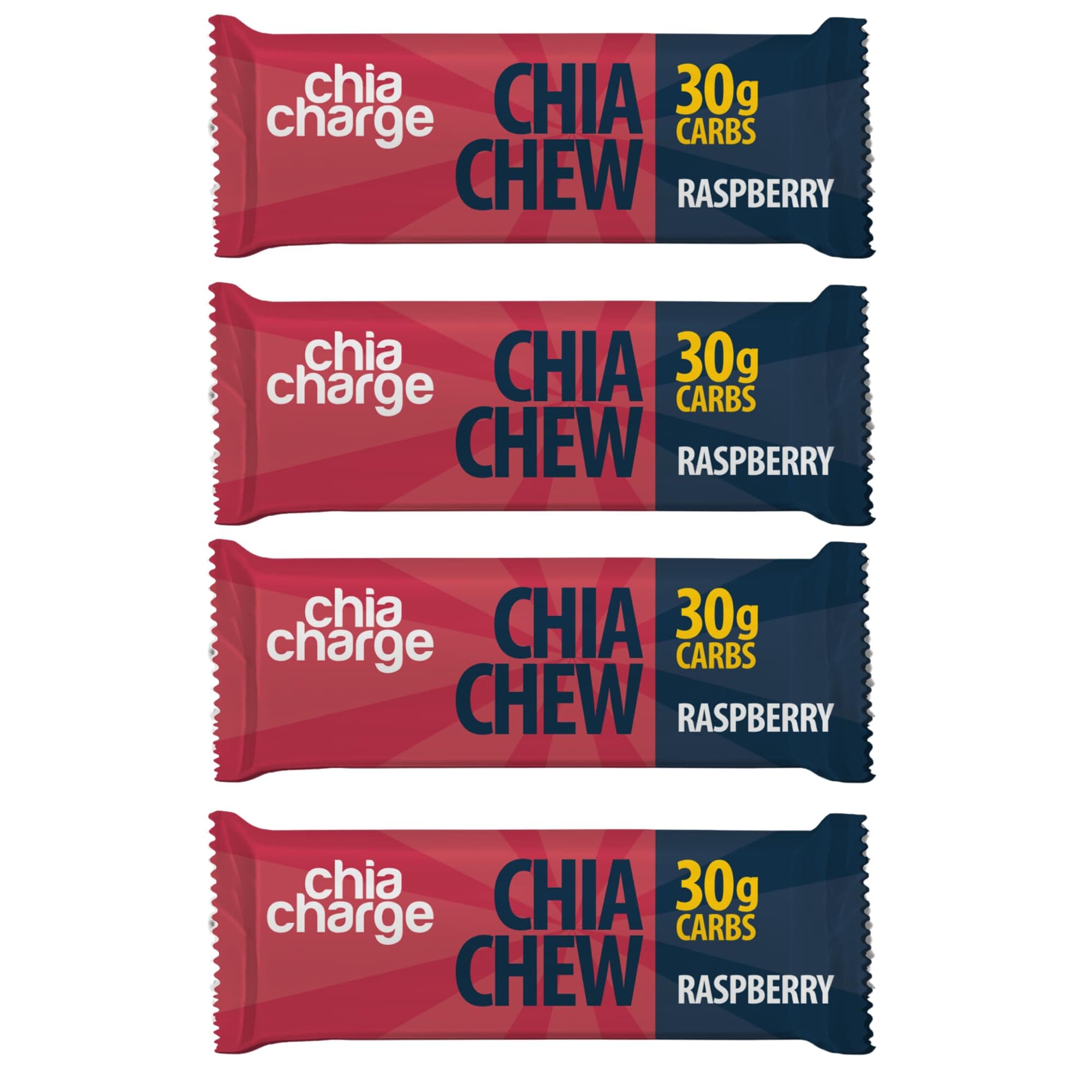 Chia Charge High Energy Chews for Running, Cycling, Hiking, Fitness, and Sports, Gel and Drink Alternative with Pink Himalayan Salt and Milled Chia Seeds, 30g Carbs (Raspberry, 4 Pack)