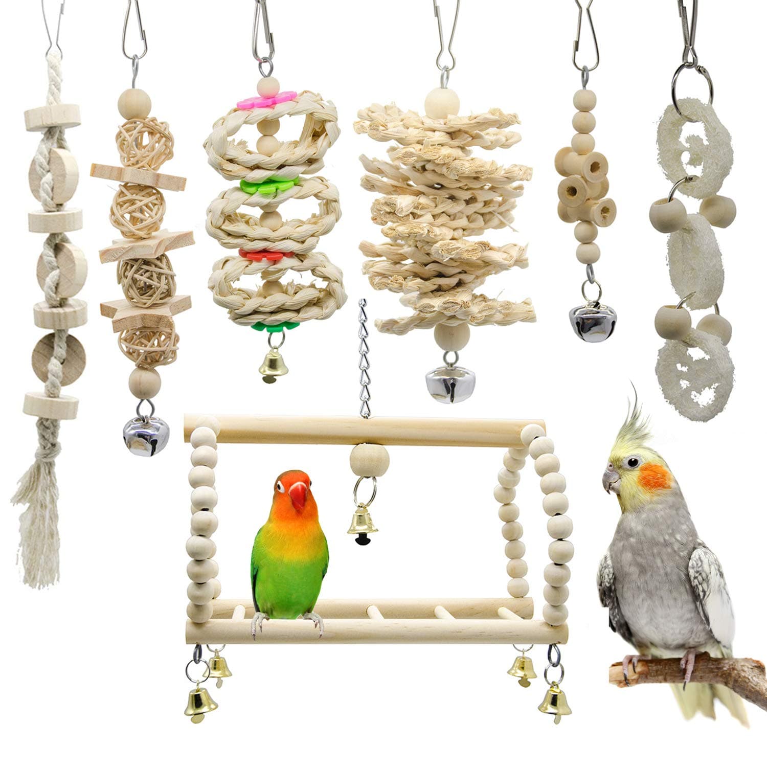 Deloky 7 Packs Bird Parrot Swing Chewing Toys-Hanging Bell Bird Cage Toys Suitable for Small Parakeets, Cockatiels, Conures, Finches,Budgie,Macaws, Parrots, Love Birds