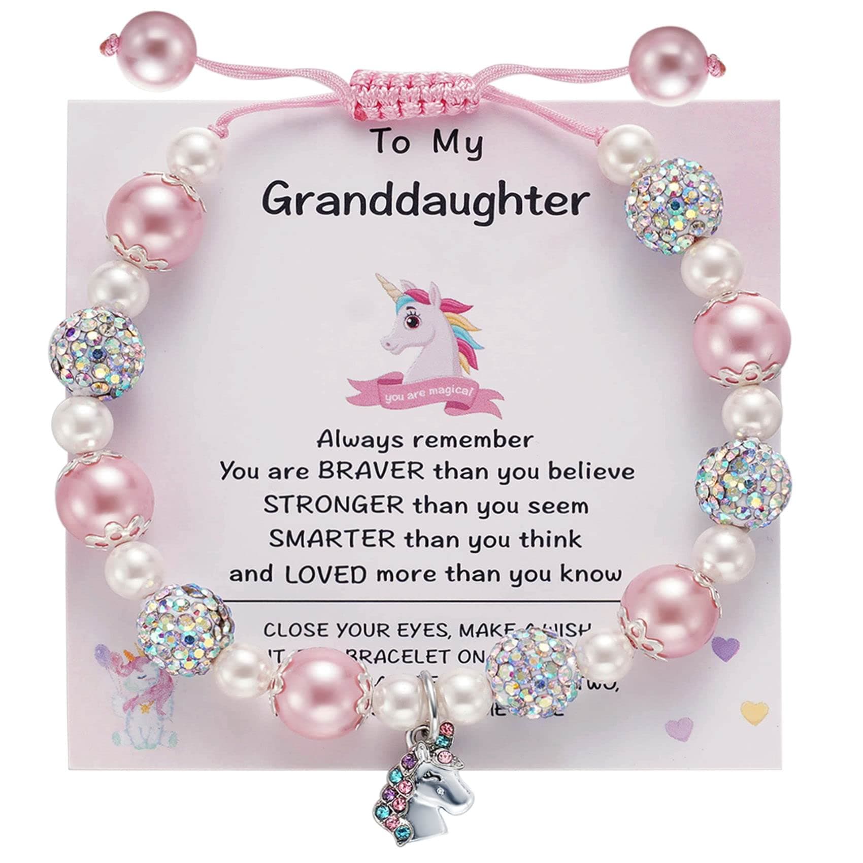 Unicorn Pearl and Rhinestone Balls Pink Bracelet&Card w/Gift Box for Women, Unicorn Lovers Birthday Easter Gifts