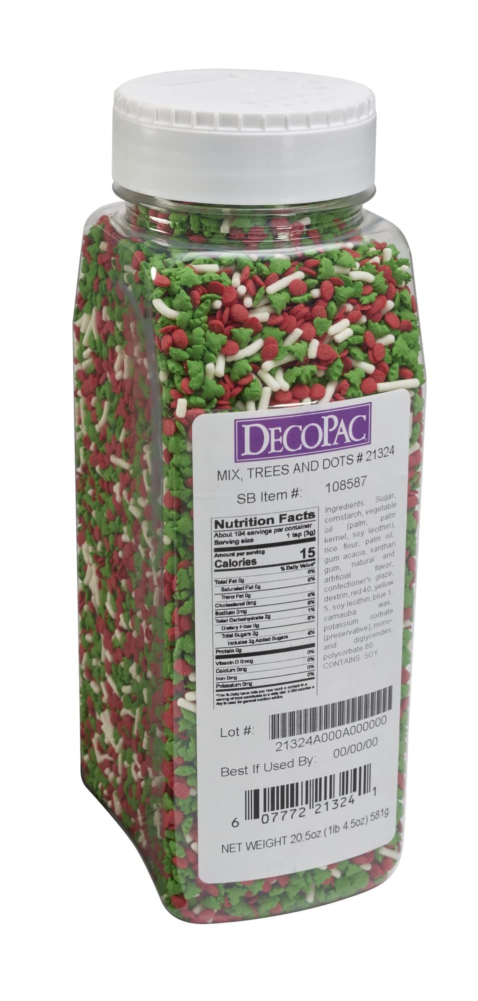 Christmas Trees & Holiday Dots Quins, 20.5oz, Fancy Sprinkles In Red, Green & White, Festive Edible Candy Sprinkles in Handheld Container For Celebration Cakes, Cupcakes, Cookies