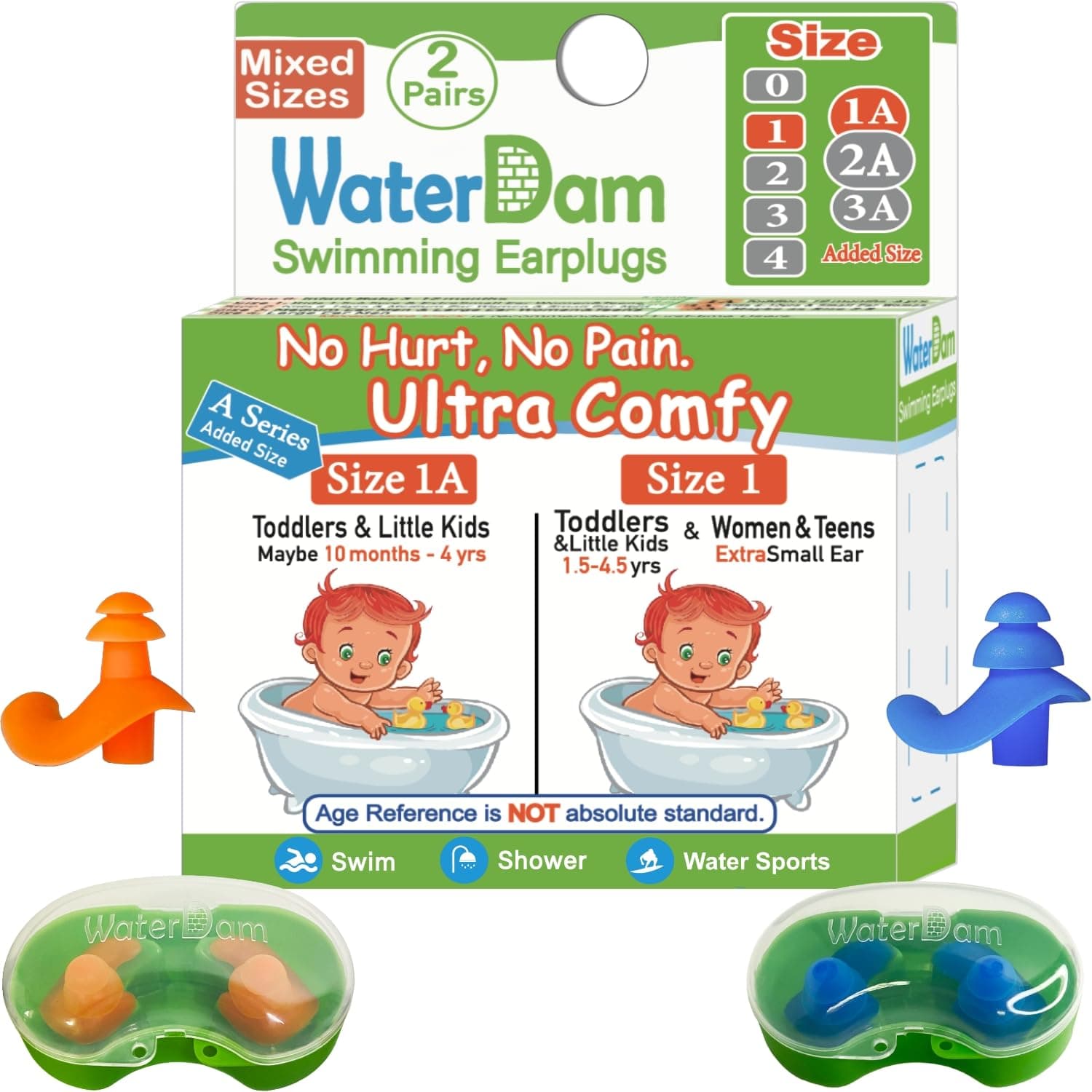 WaterDam Ultra Comfy Swim Earplugs - Great Waterproof Swim Earplugs Prevent Swimmer's Ear (Size 1A+1: Toddler Little Kids 10m-6yrs & ExtraSmall Ear Women&Teens)