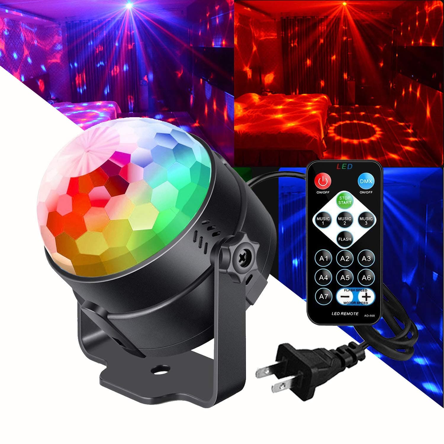 Party Lights Portable Rotating Lights Sound Activated USB Power Disco Ball LED Strobe Light 7 Color Mode with Remote for Car Home Room Parties Kids Birthday Dance Wedding Show (1 set)