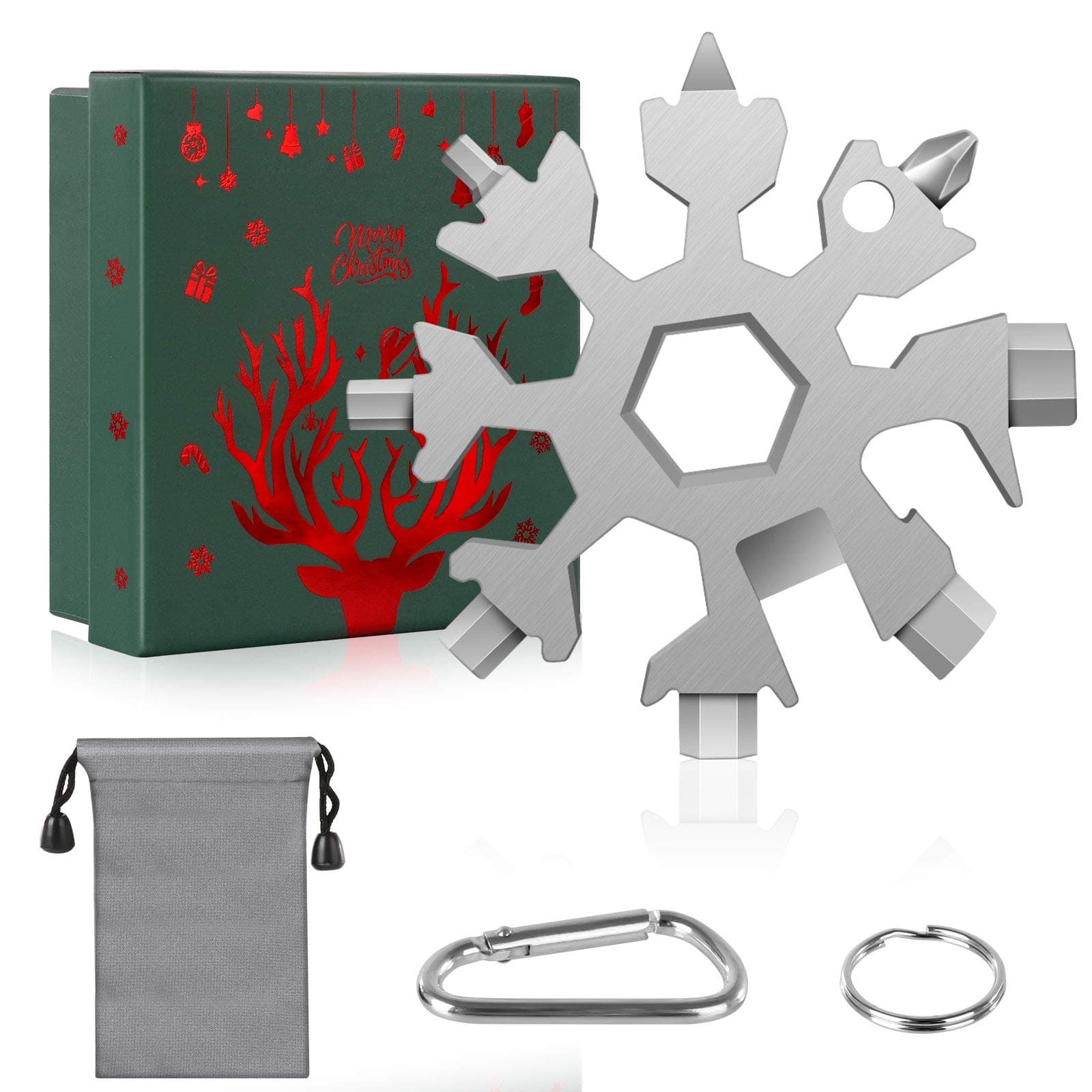 Snowflake Multi Tool,18 in 1 Stainless Steel Snowflake Tool,18-in-1 Snowflake Wrench Screwdriver with Waterproof Storage Bag,Key Ring and Carabiner,Gift Package (Silver)