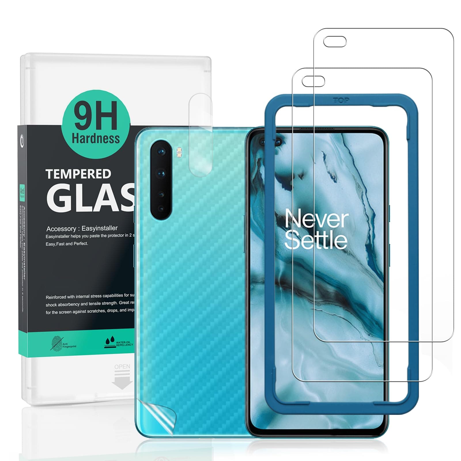 Ibywind Screen Protector For OnePlus Nord,with 2Pcs Tempered Glass,1Pc Camera Lens Protector,1Pc Backing Carbon Fiber Film [Fingerprint Reader,Easy to install]