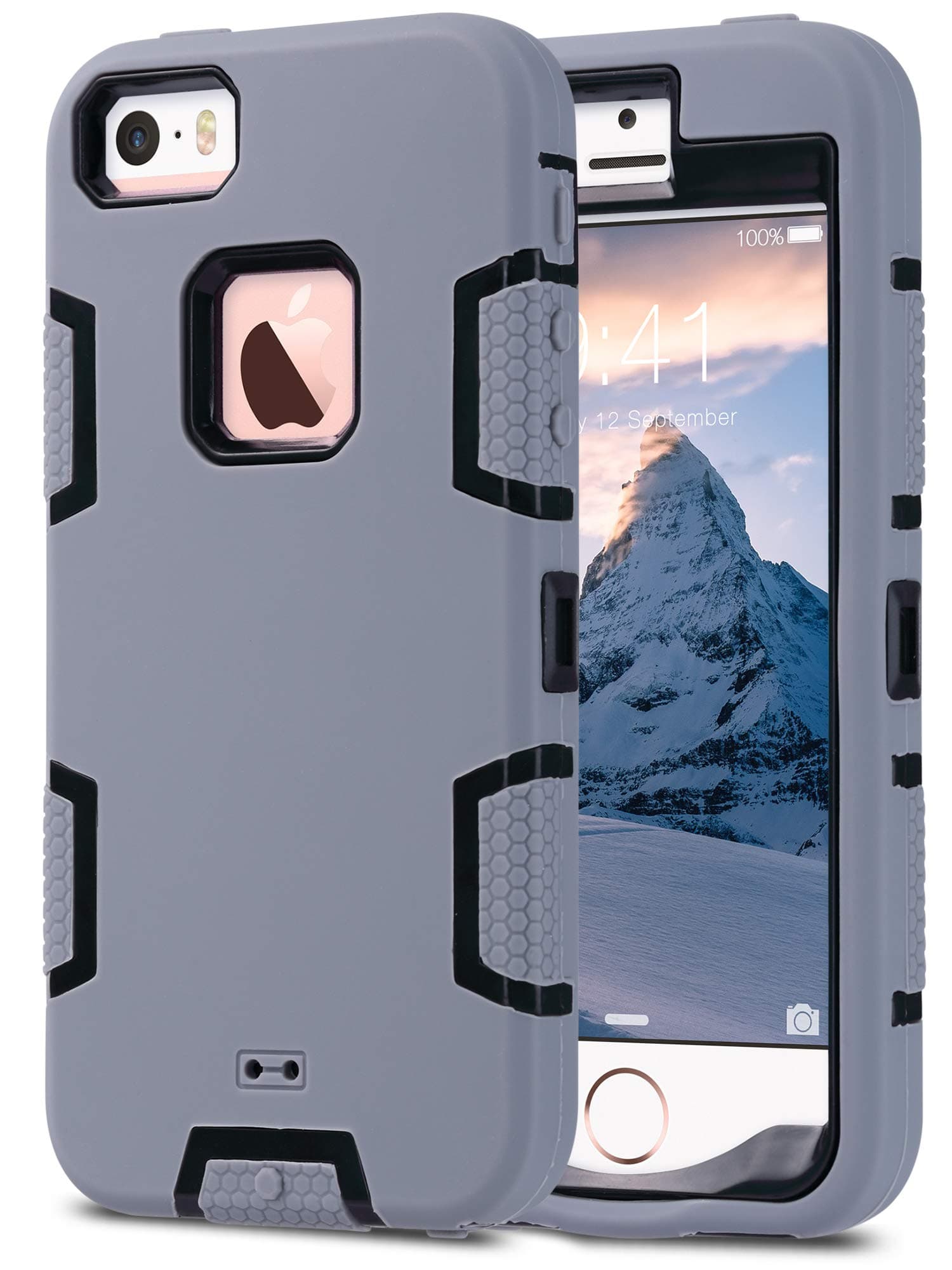 ULAK iPhone 5S Case, iPhone SE Case 3in1 Shockproof Combo Hybrid Hard Rigid PC + Soft Silicone Protective Case Cover for Apple iPhone SE/5S/5, Gray+Black