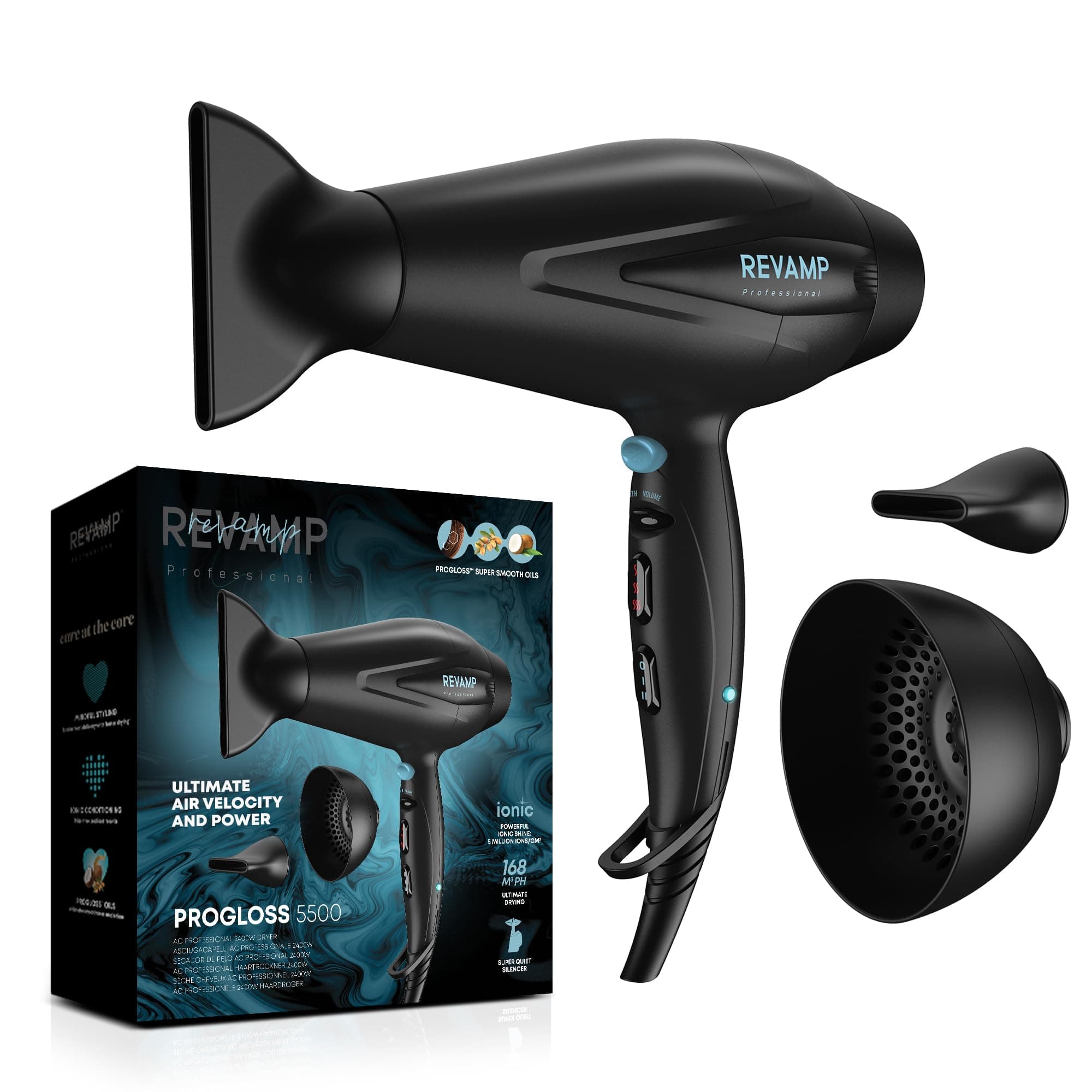 REVAMP Progloss 5500 Lightweight Hairdryer with Diffuser and Concentrator for Smooth or Voluminous Hair, Black