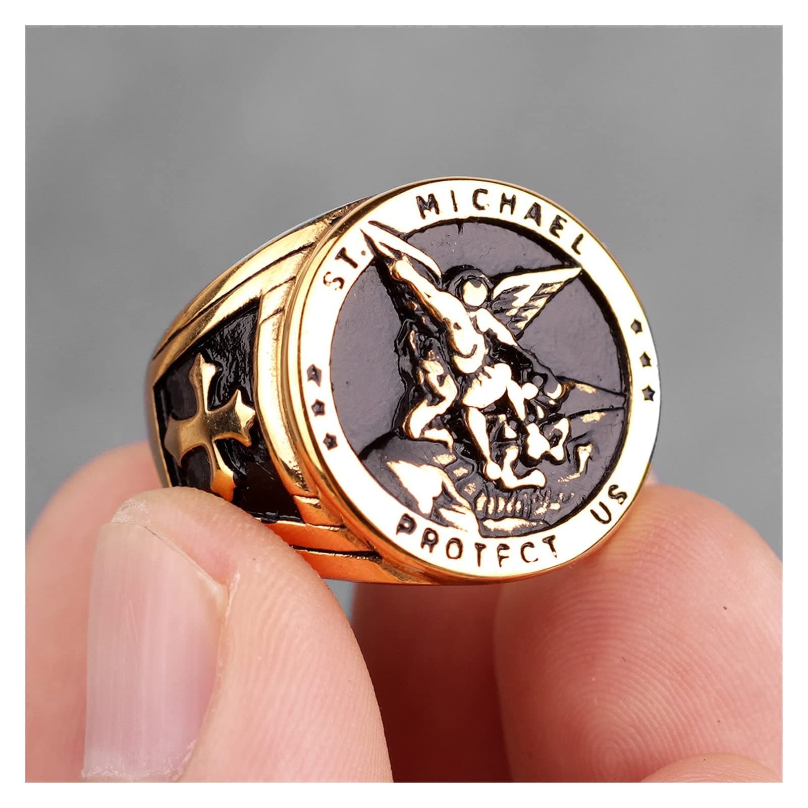 Stainless Steel Men Rings St.Michael Protect Us Religion Catholic Punk Rock For Biker Boy Male Jewelry Creativity Gift JIAQII (Main Stone Color : R411-Glod, Ring Size : 10)