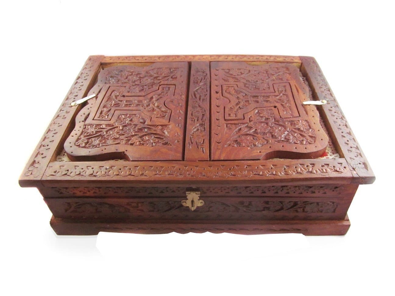 EX shoppee Wood Hand Carved Holy Book Stand and Box (Brown)
