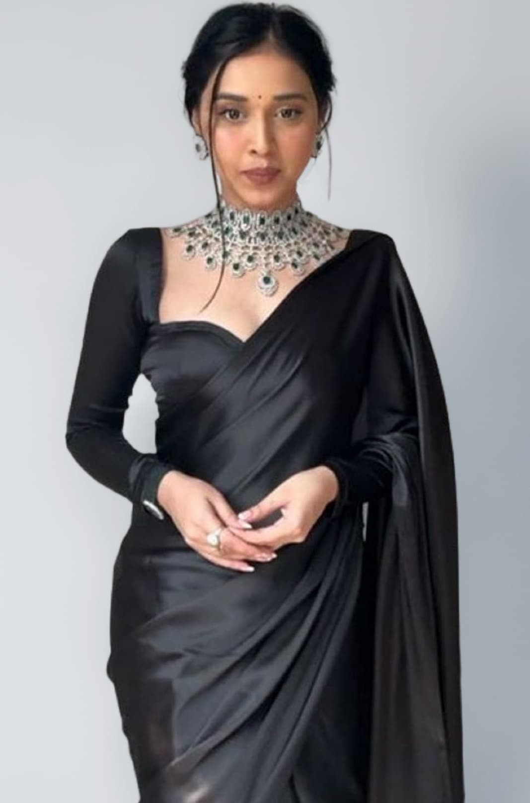 Women Ready to Wear Plain Black Satin Silk Readymade Pre Pleated Saree With Unstitched Blouse