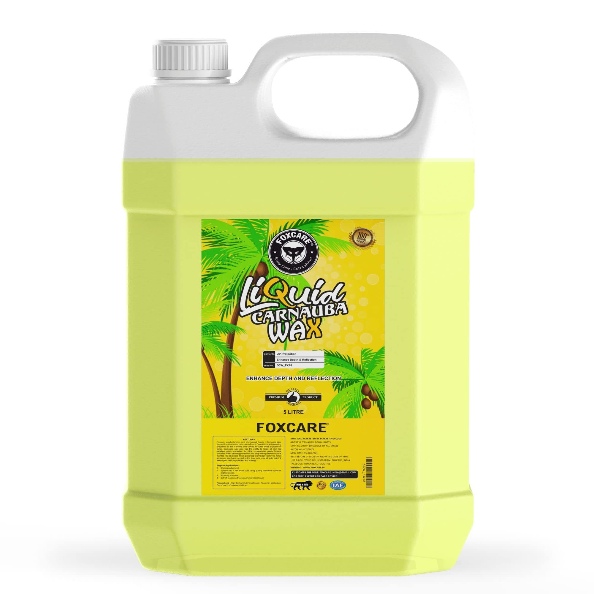 Foxcare Carnauba Wax, Car Wax for Paint Protection UV Protection liquid Wax) high gloss restores shine | Protects and Shines Car (for High Gloss & Hydrophobic Protection)- 5000ml