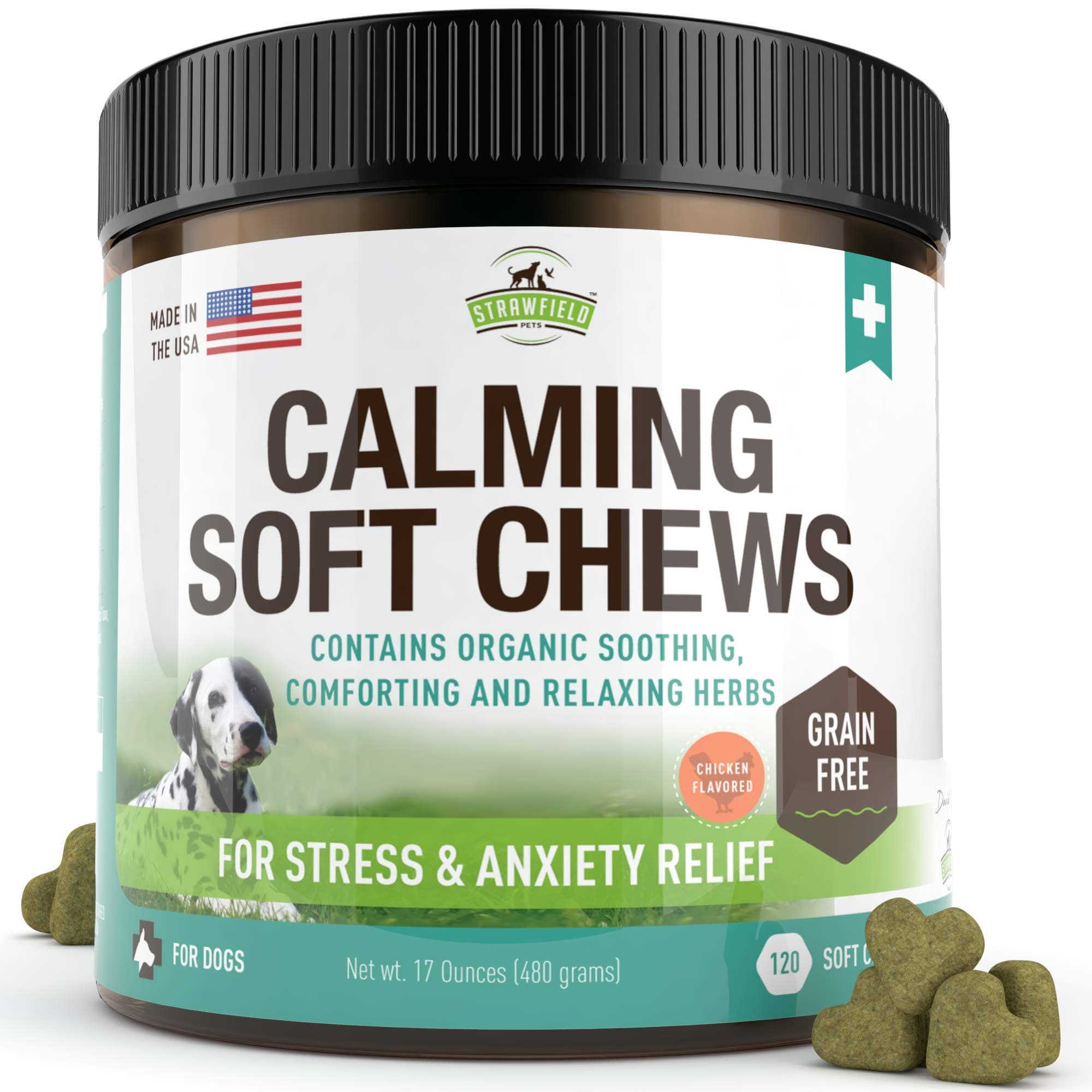 Calming Treats for Dogs Anxiety Relief - 120 Grain-Free Composure Chews, USA - Natural Dog Calm Aid Supplements Bites for Pet Stress, Separation, Anti Barking Collar, Fireworks, Thunder Vest Jacket