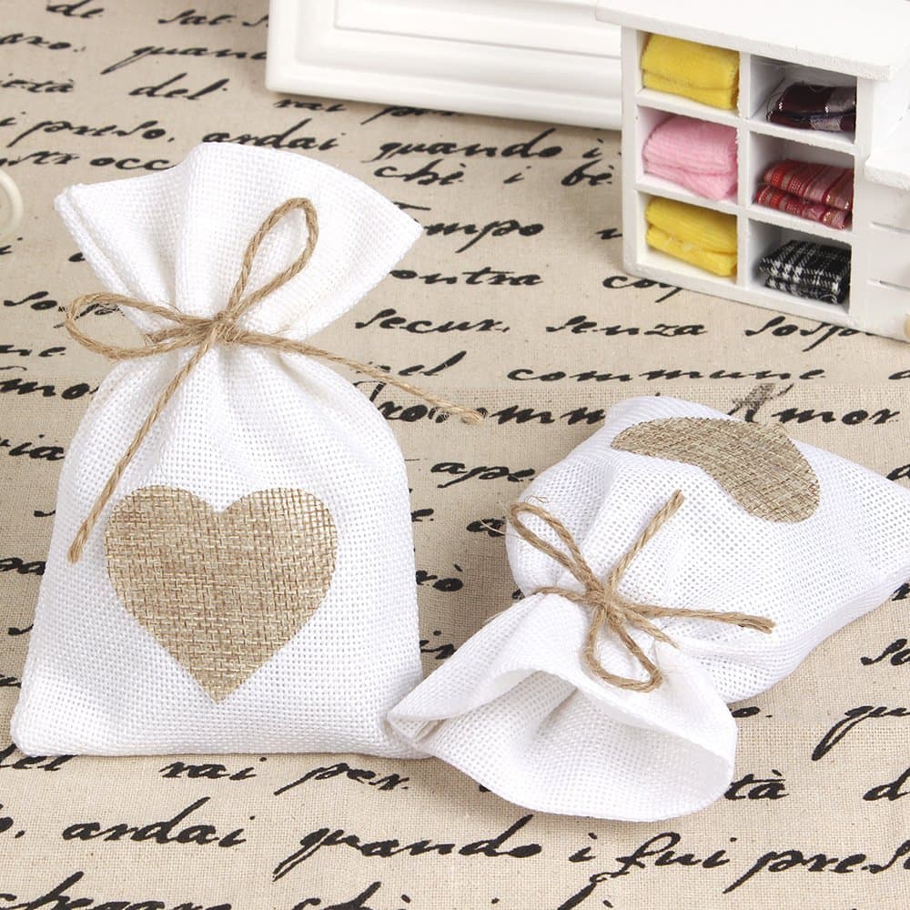 50pcs/pack Brulap Candy Bags Birthday Wedding Party Gift Bags Jewlery Pouch DIY Craft Party Favor Jute Gift Bag Sack Pouch (White with Brown Heart, Jute String)
