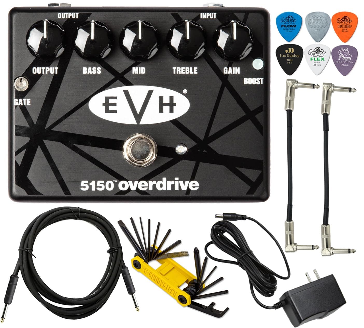 Tonebird MXR EVH5150 Overdrive Distortion Electric Guitar Effects Pedal with Boost Switch and Noise Gate Featuring 1500mA 9V Adapter, Patch Cable, Multi-Tool, Picks Bundle