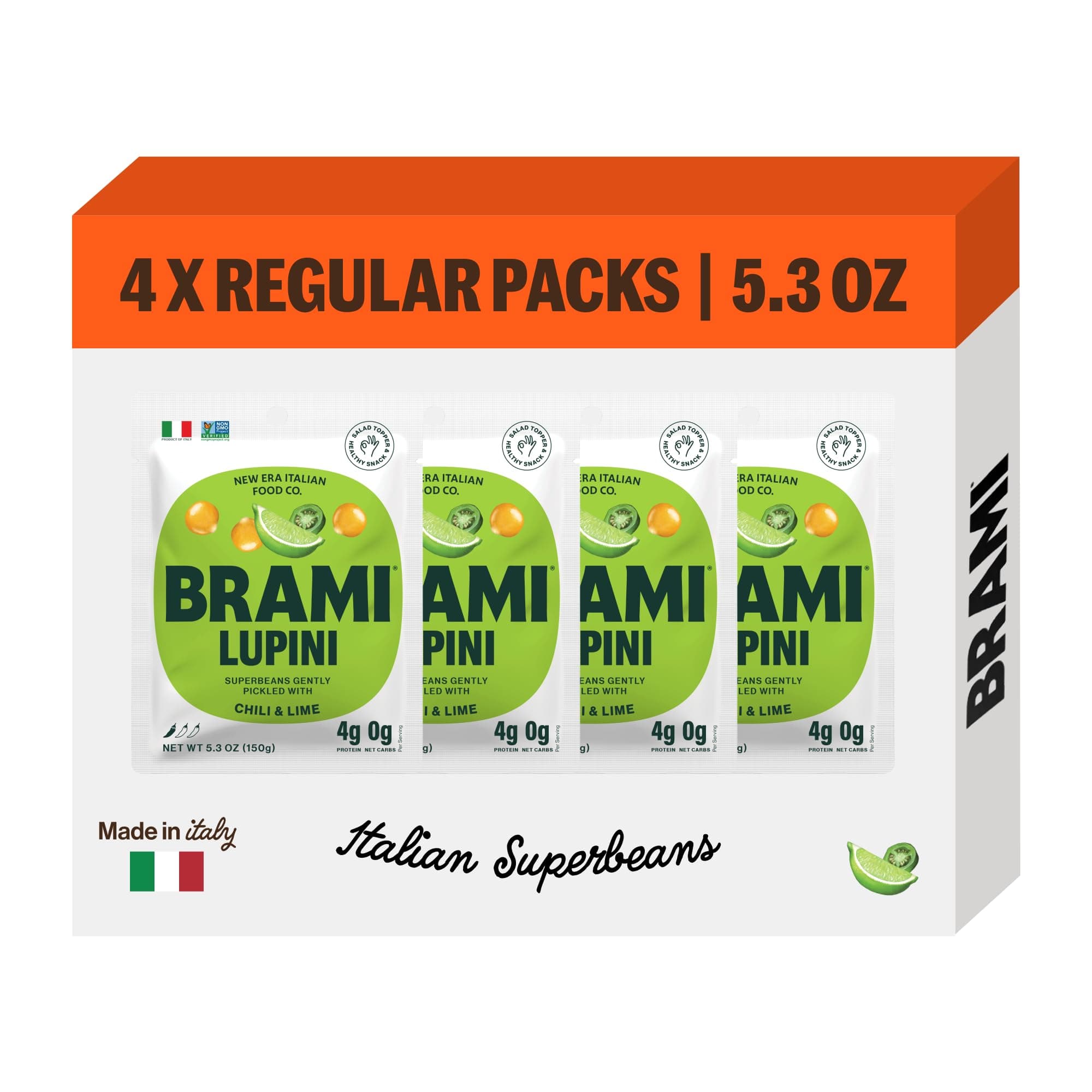 BRAMI Lupini Beans Snack, Chili & Lime | 7g Plant Protein, 0g Net Carbs | Vegan, Vegetarian, Keto, Mediterranean Diet, Non Perishable | 5.3 Ounce (4 Count)