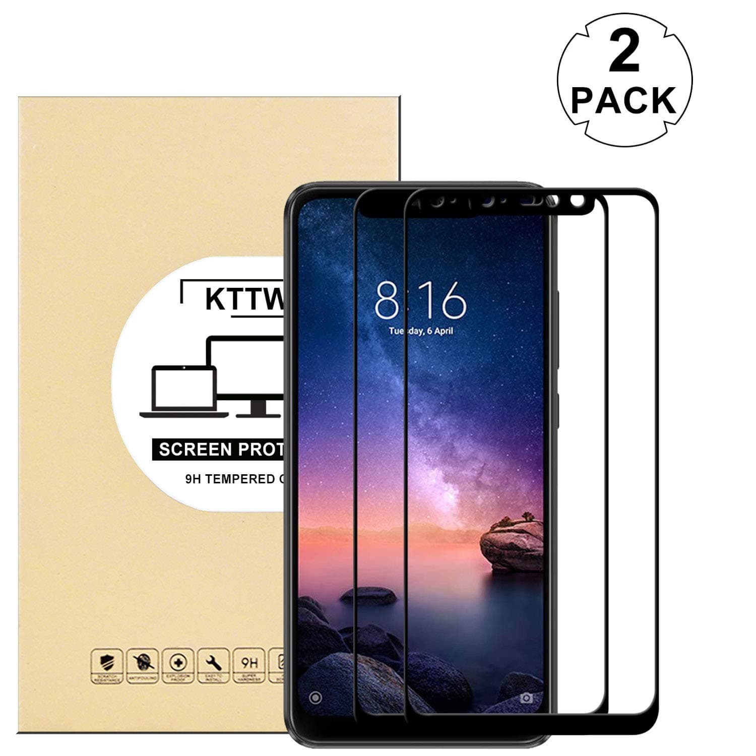 KTTWO Redmi Note 6 Pro Screen Protector, (2PACK) Full Cover Anti-Scratch Bubble-Free Tempered Glass Screen Protector with Full Glue for Redmi Note 6 Pro 6.26”(Black)