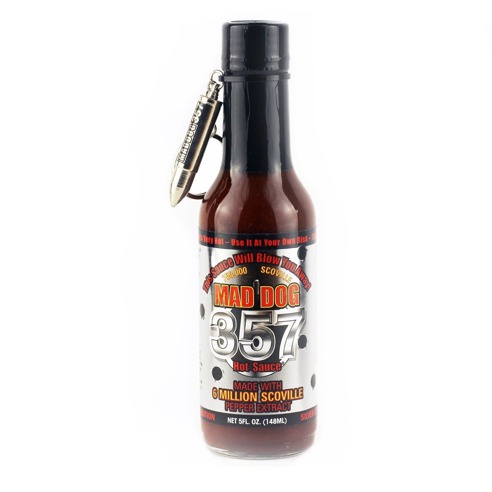 357 Silver Collector's Edition Hot Sauce with Bullet Key Chain, Made with 6 Million Scoville Pepper Extract, 750,000 Scoville, 5 oz.