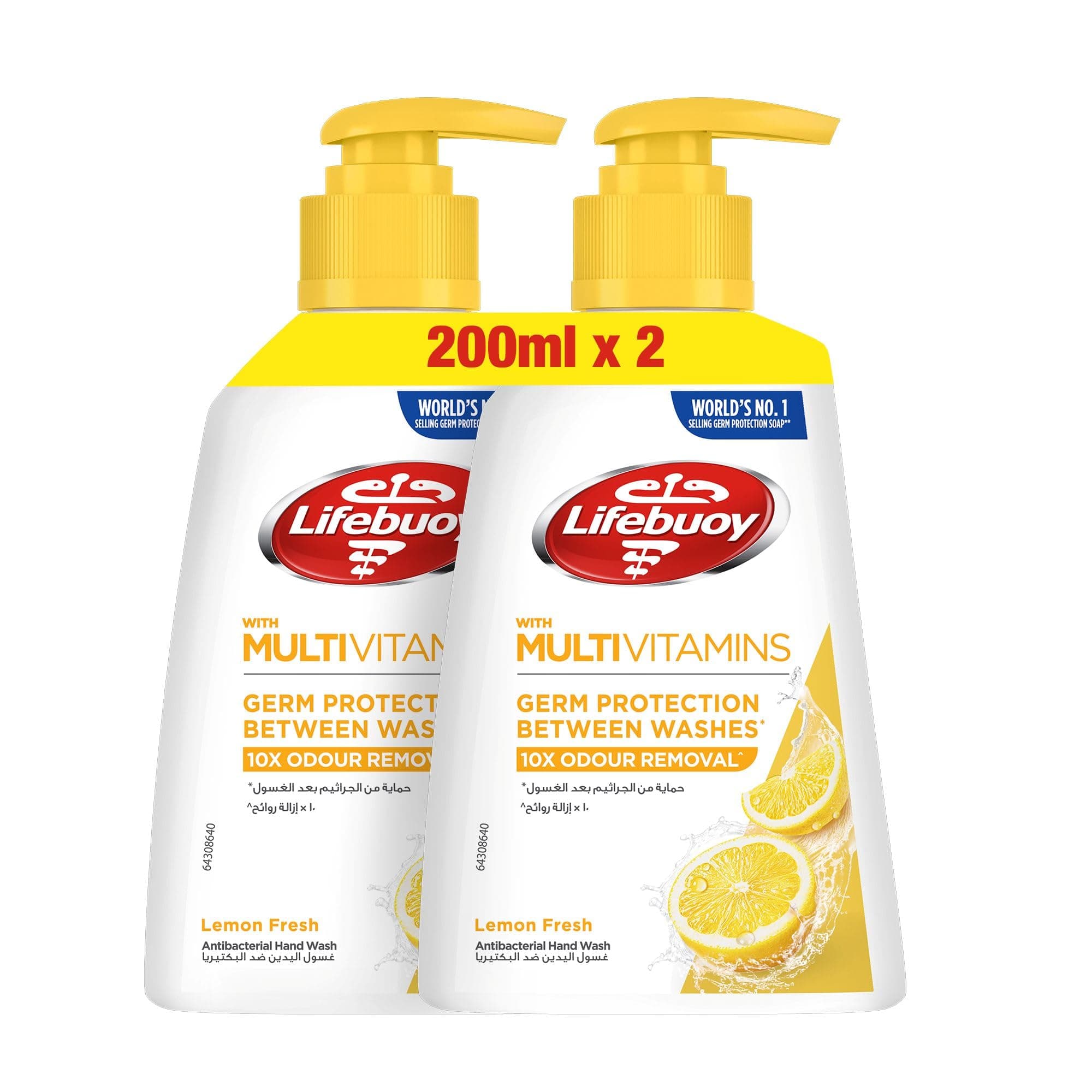 Antibacterial Hand Wash, Lemon Fresh, for 100% stronger germ protection & odour removal, 200ml x 2