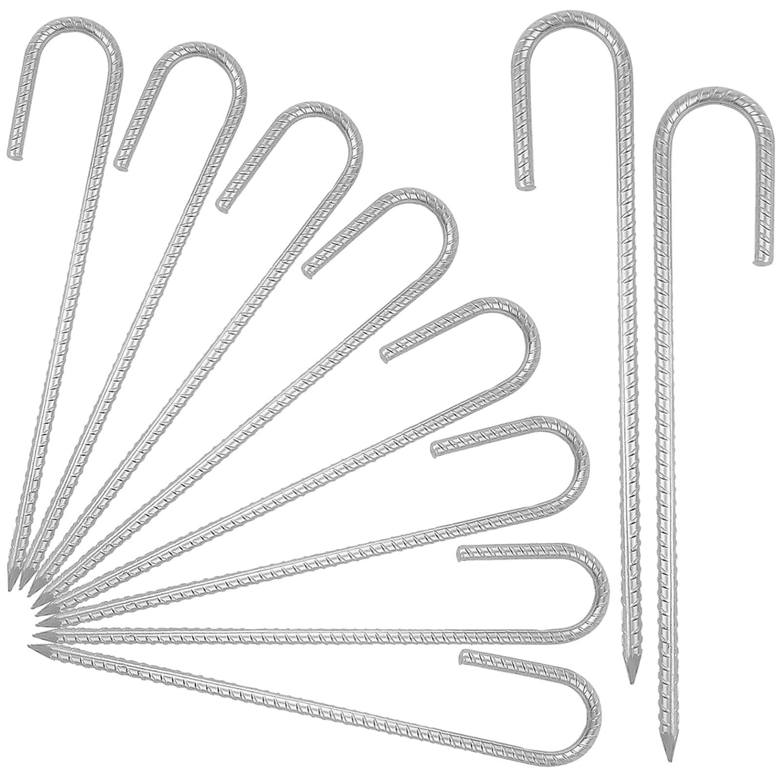 10 Pack 12 Inch Ground Rebar Stakes Anchors, Steel Ground Anchors J Hooks, Galvanised Stakes Trampoline Pegs for Tents, Canopies