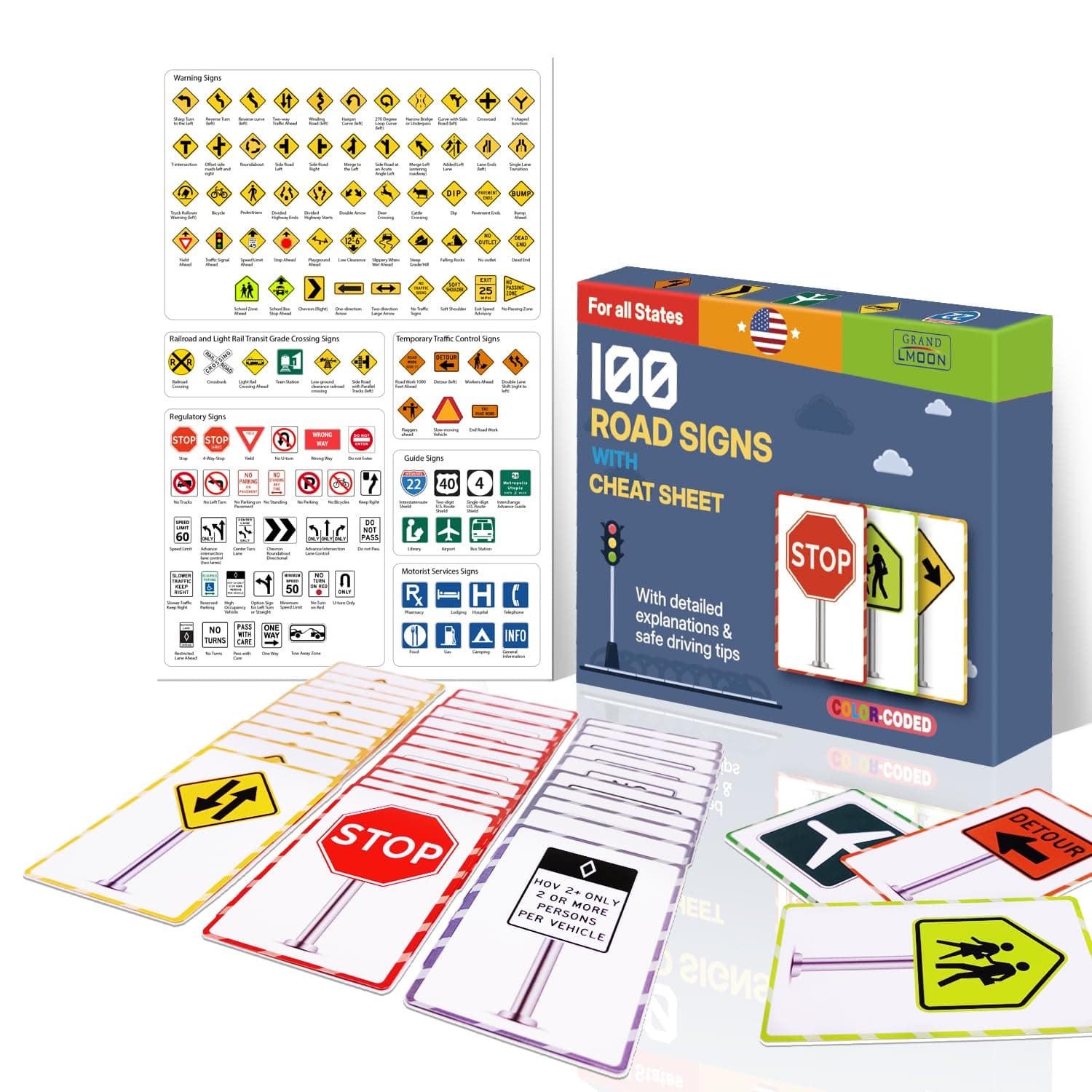 100 Road Sign Flash Cards with Cheat Sheet Color-Coded Detailed Explanation Safe Driving Tips Relevant Road Signs USA