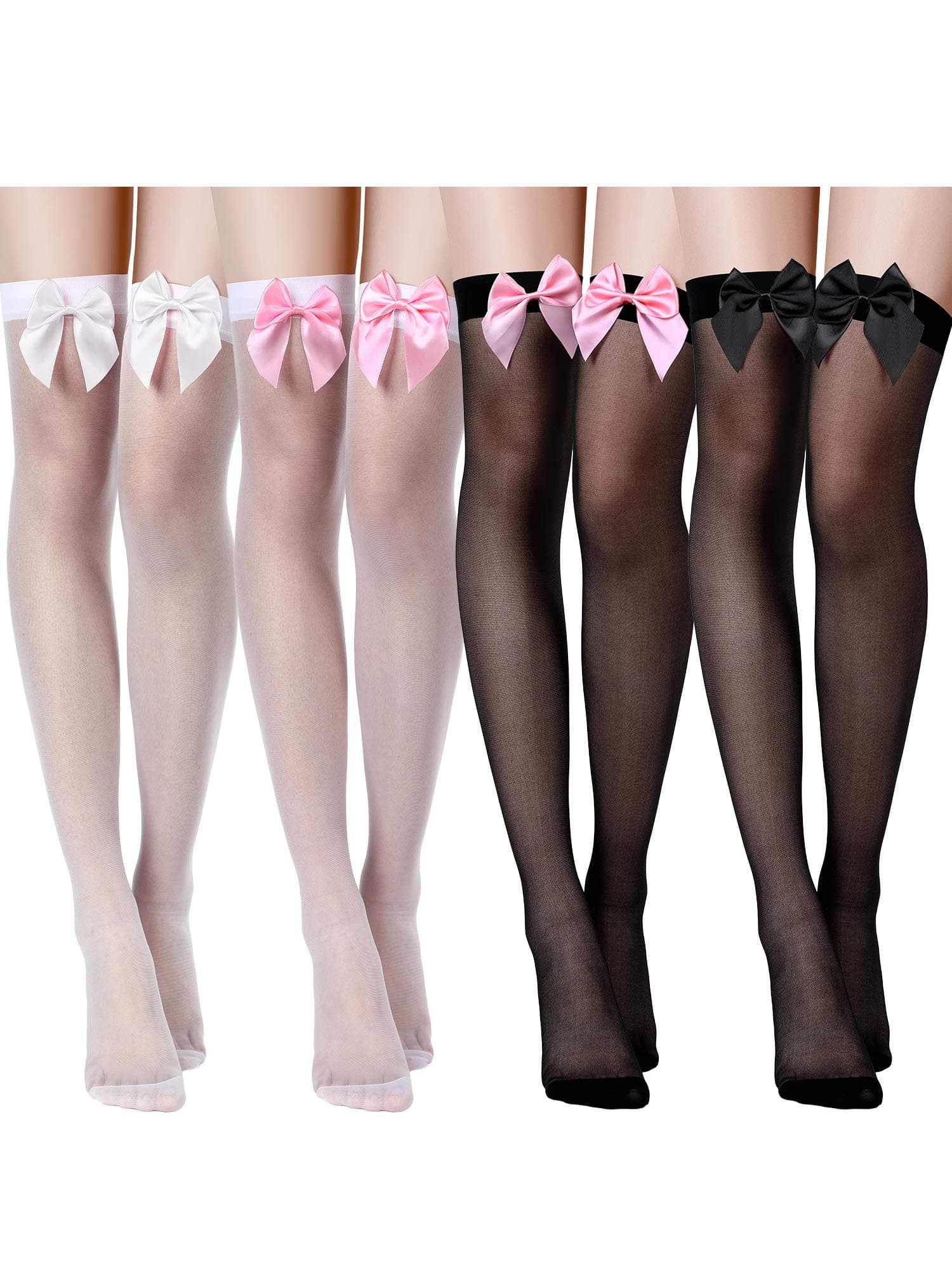SATINIOR4 Pairs Valentine's Day Women's Bow Lace Thigh High Stockings Over The Knee Socks with Bow Accent for Daily Costume Dress