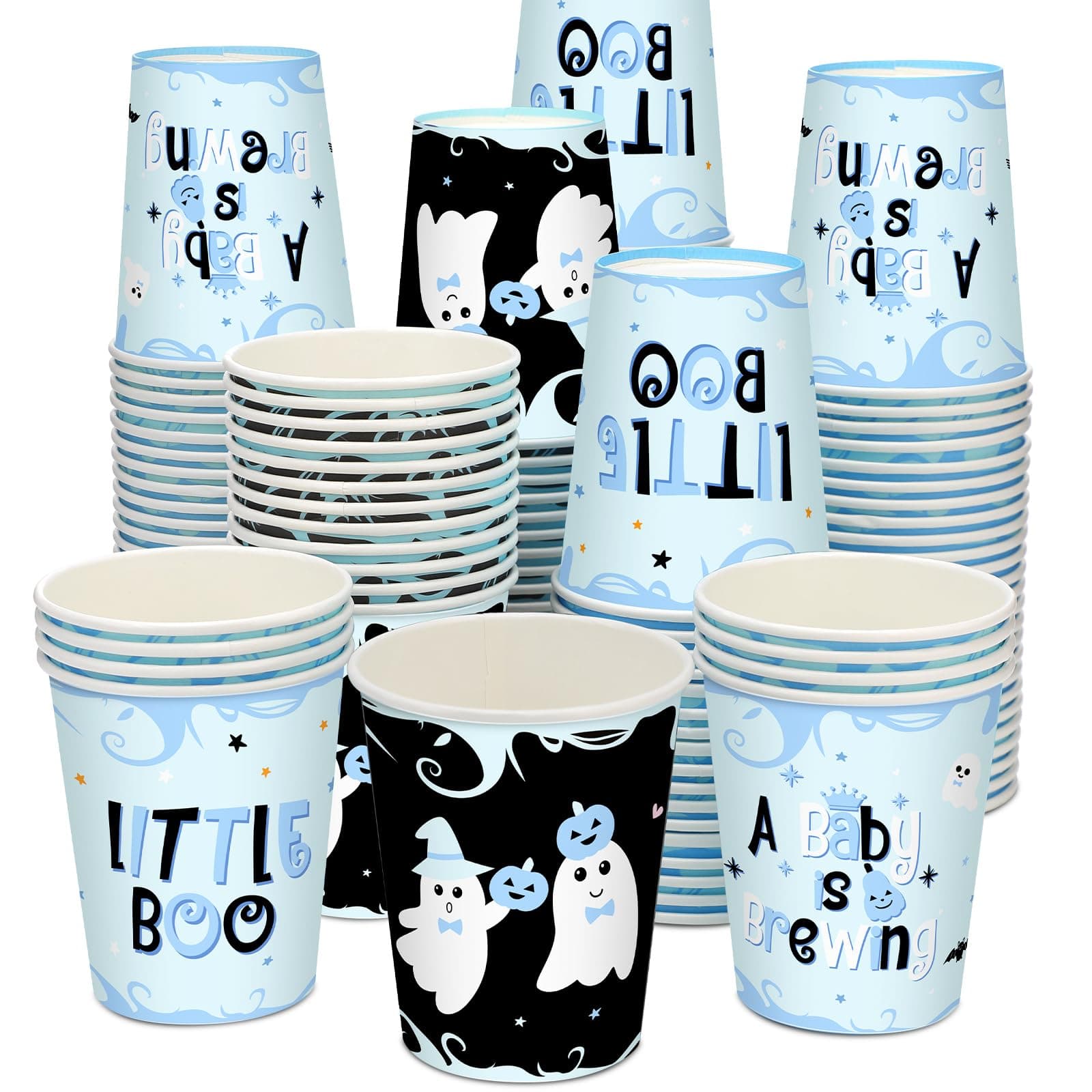 Dandat 120 Pack Halloween Baby Shower Disposable Cups A Baby Is Brewing Cups Halloween Baby Shower Decorations Gender Reveal Party Supplies Halloween Cups 9 oz for Kids Adults (Blue)