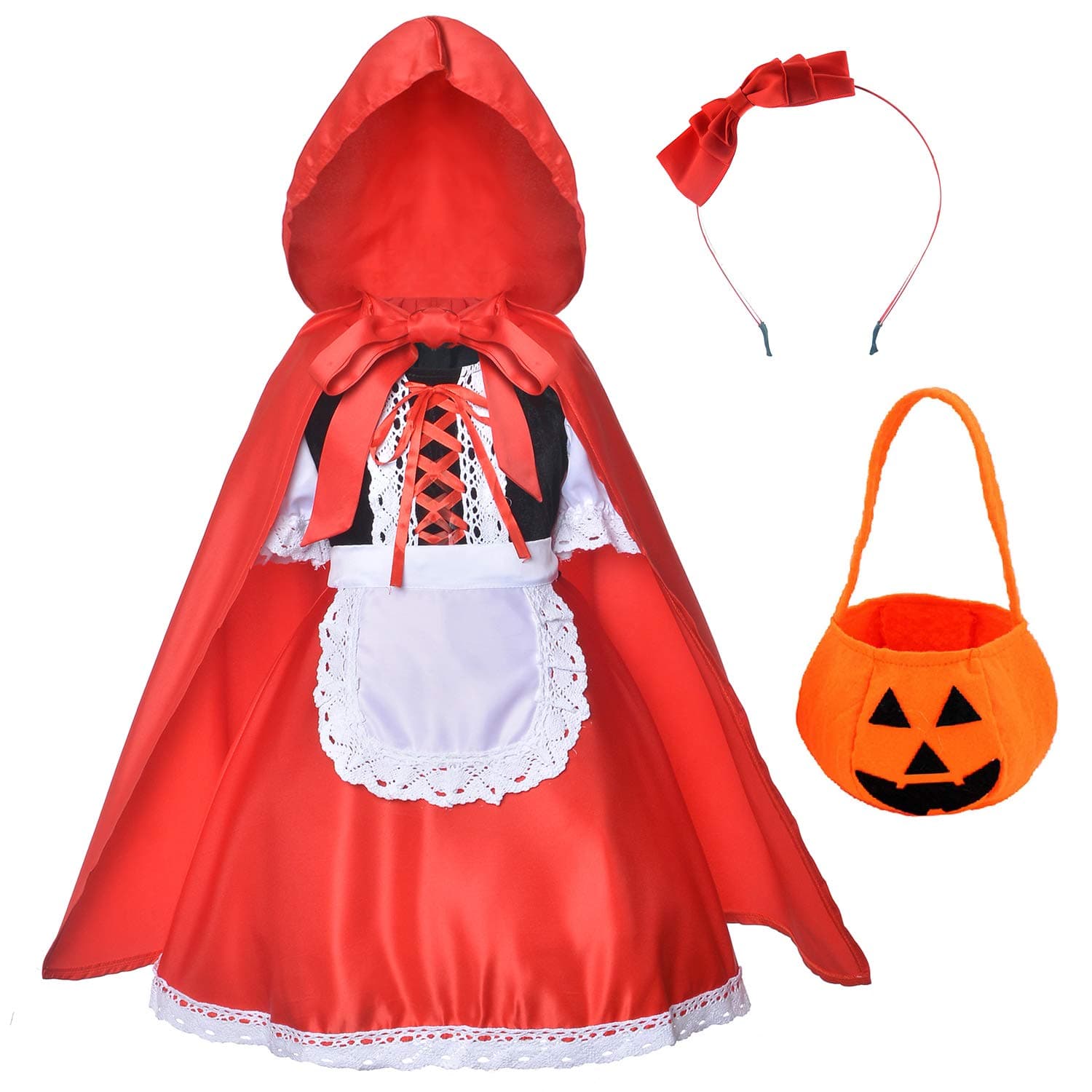 Little Red Riding Hood Dress Christmas Cosplay Costumes for Girls With Cloak,Headband,Bag(2-12Years)