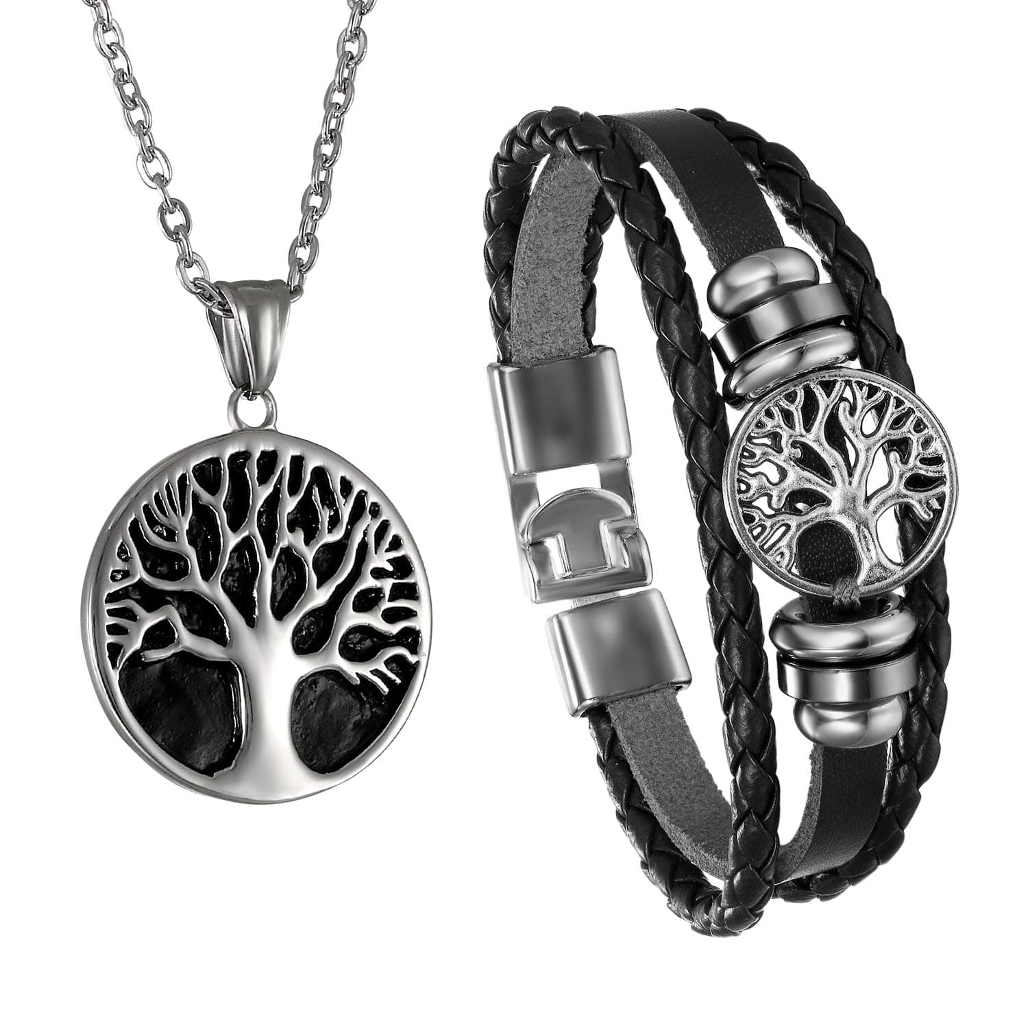 Men Tree of Life Symbol Pendant Necklace Leather Bracelet, Stainless Steel 22 inch Chian Jewelry Set (Black) for Valentine's Day