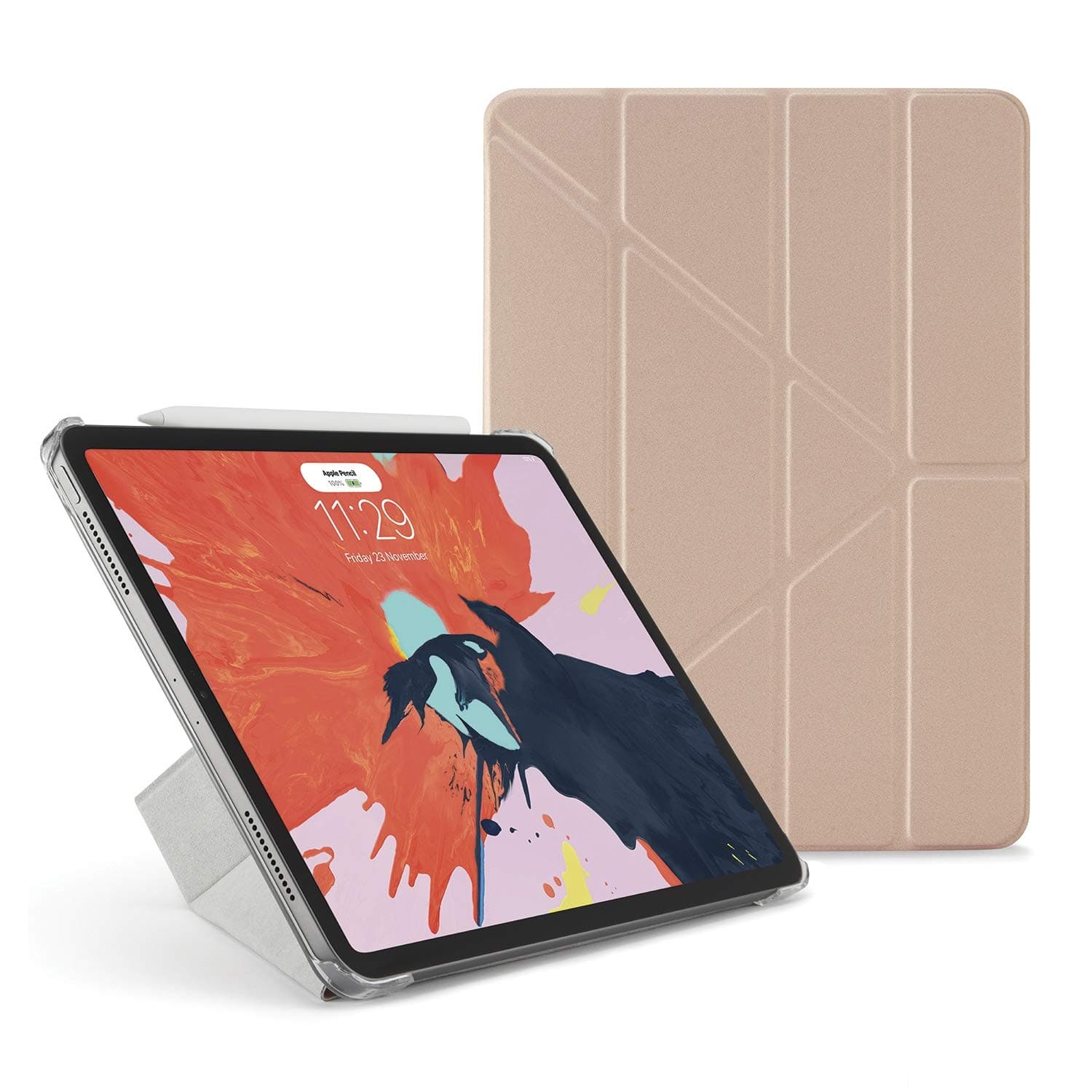 Pipetto Origami iPad Case Pro 11 inch (2018) with 5 in 1 stand & auto sleep / wake function Apple Pencil 2 Compatible - Rose Gold / Clear