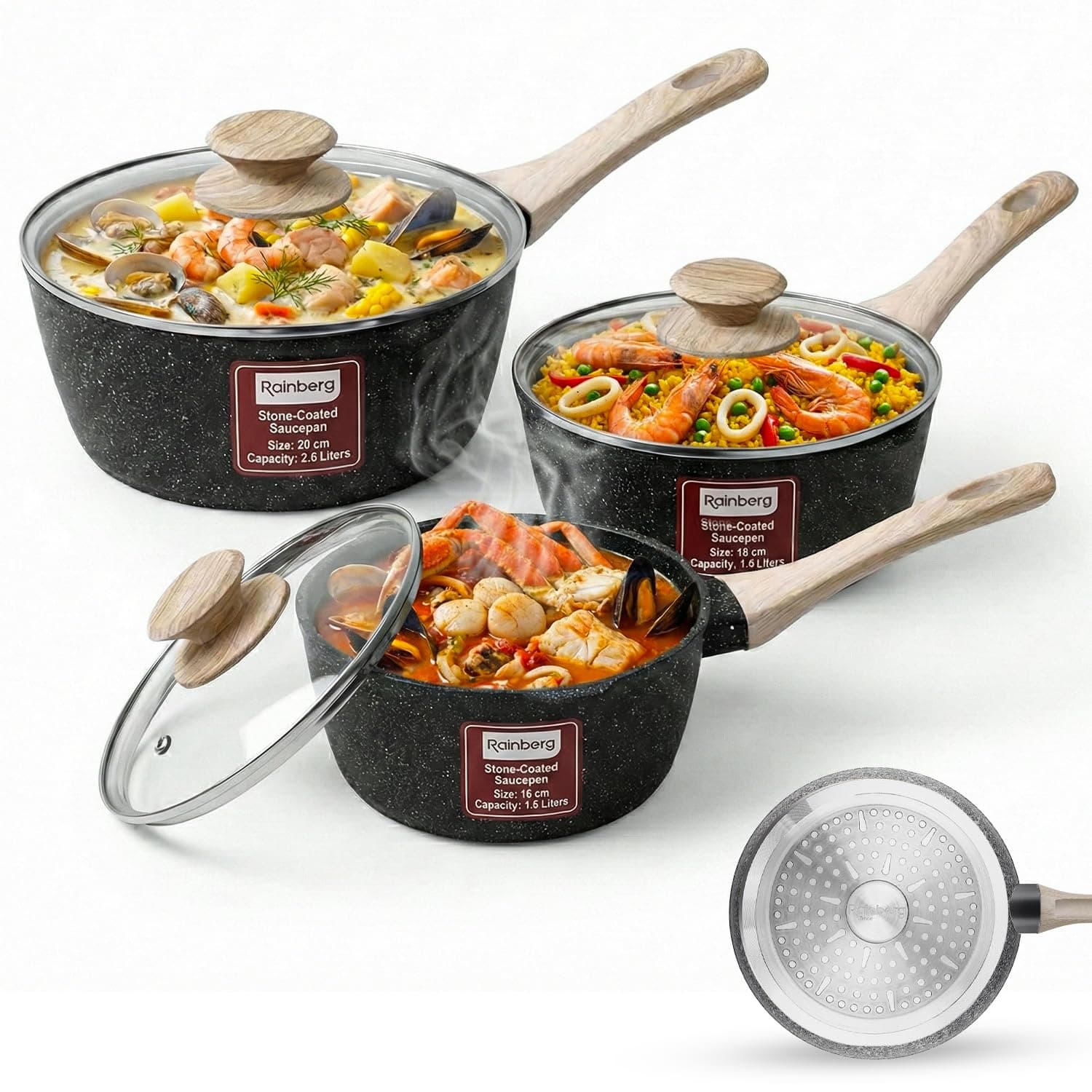 Rainberg Saucepan with Lid, Nonstick Milk Pan Suitable with Induction, Gas and Electric Hobs, Cooking Pot with Pour Spout. (Black, 3PK 16-18 & 20cm)