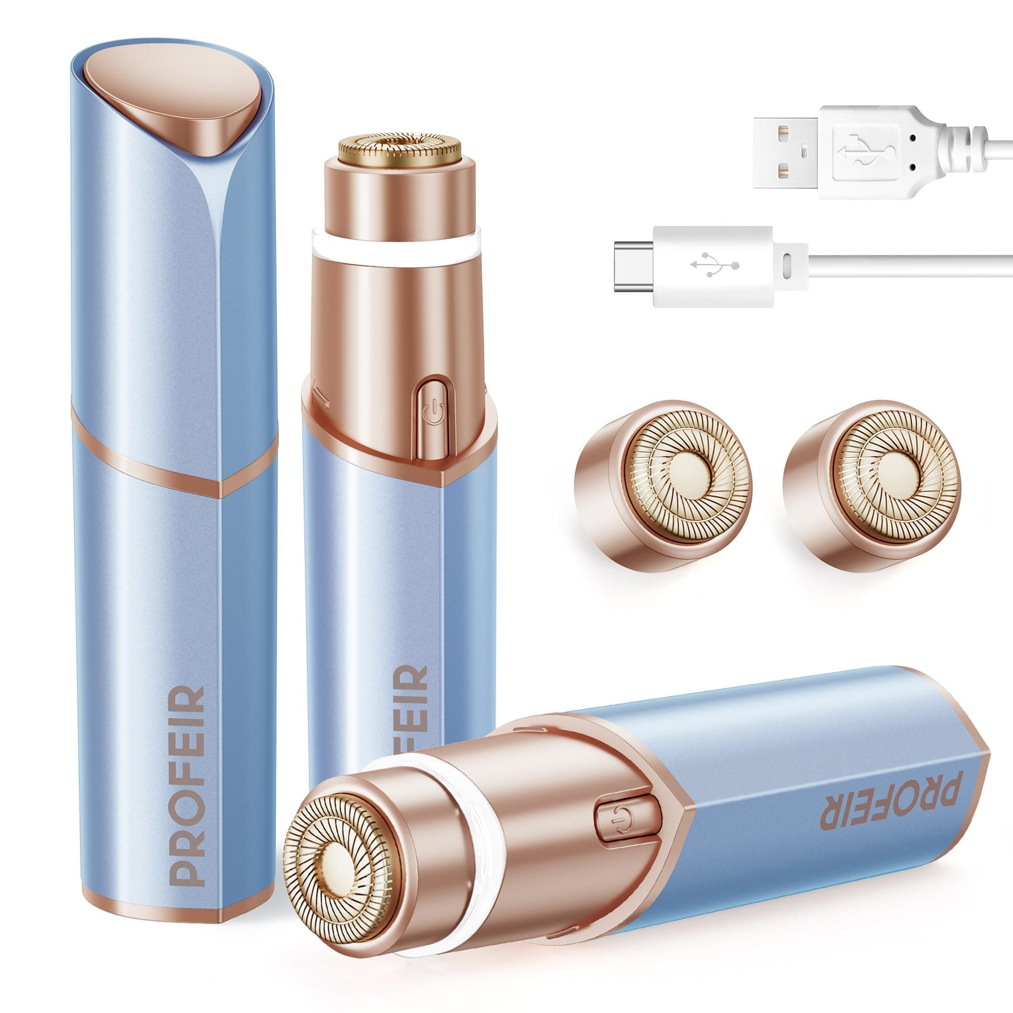 Facial Hair for Women - Electric Hair Removal Device - Rechargeable Painless Facial Shaver for Chin, Upper Lip, Fishing Fuzz with Light (Golden Blue)