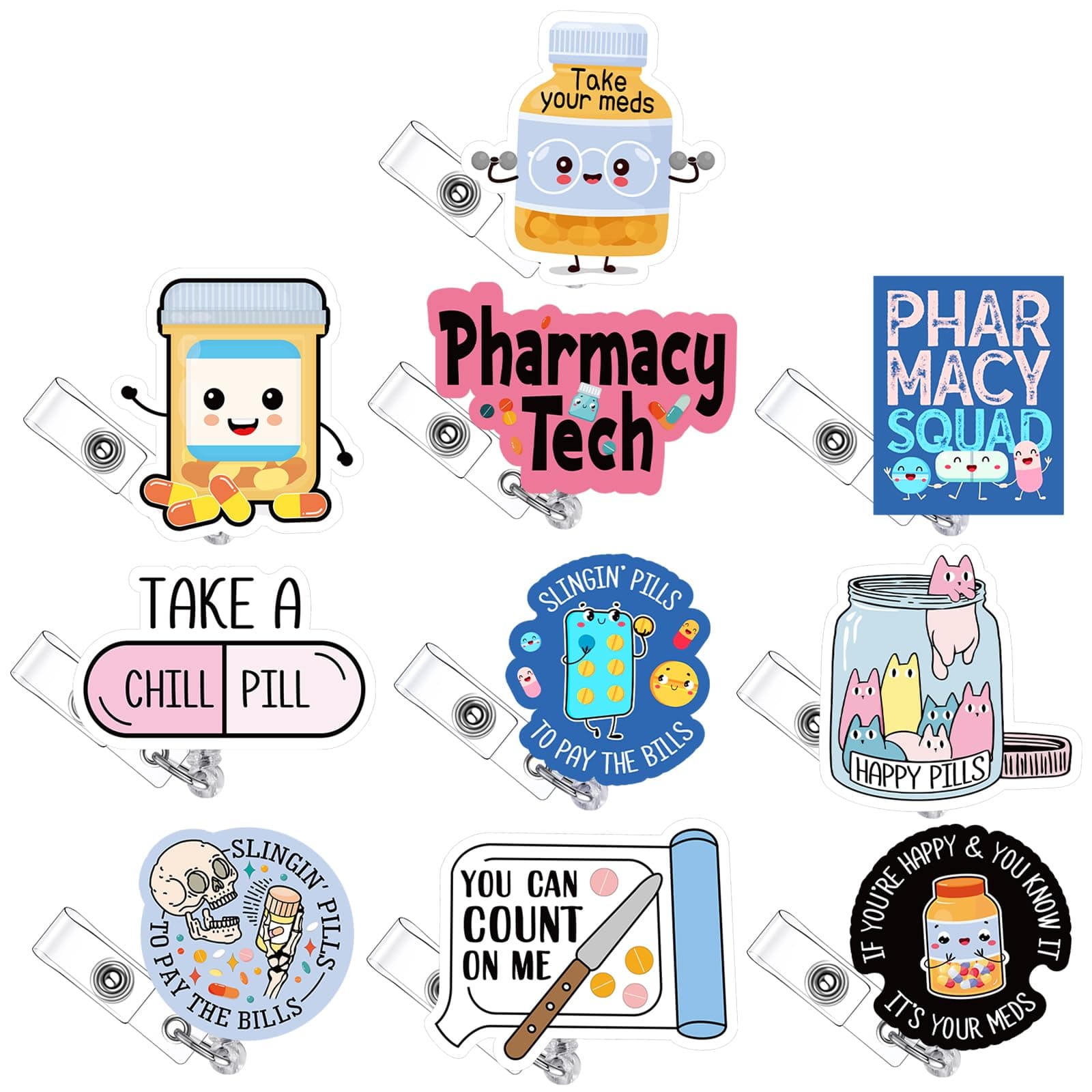 10 Pcs Pharmacy Badge Reel Funny Pharmacy Technician Gifts Nurse Badge Reel for Doctors Nurses Week Gift Supplies