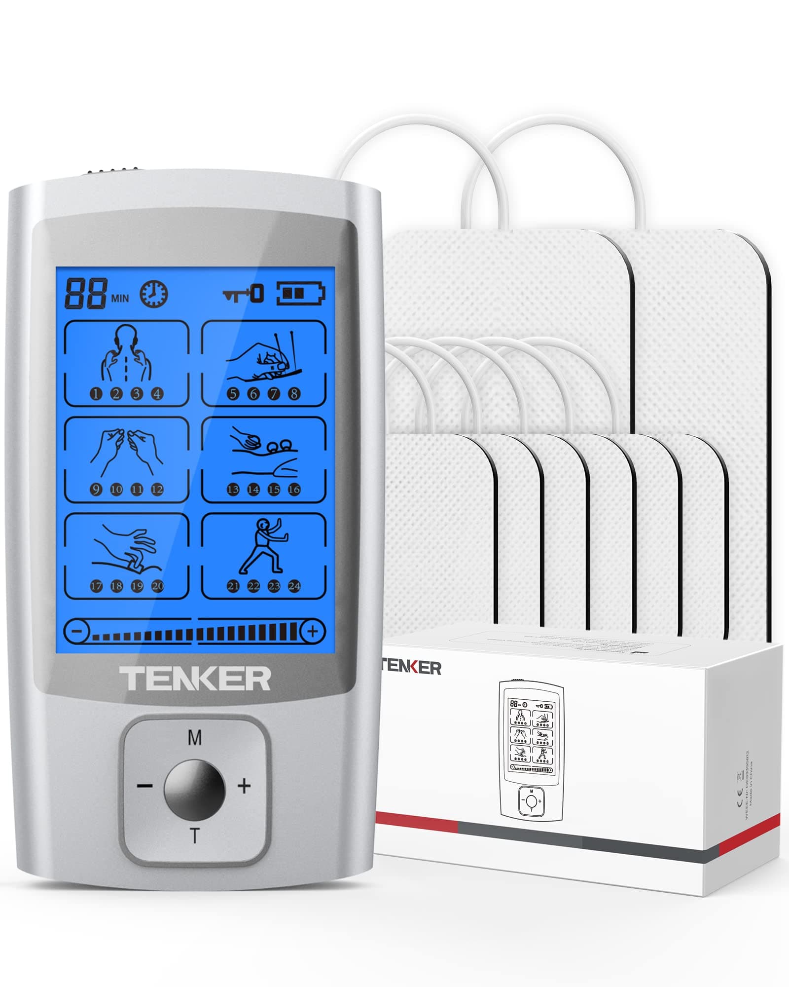 TENKER TENS Unit Muscle Stimulator, 24 Modes EMS Machine for Pain Relief Therapy/Pain Management, Rechargeable Electronic Pulse Massager with 2"x2" and 2"x4" Electrode Pads (Silver)