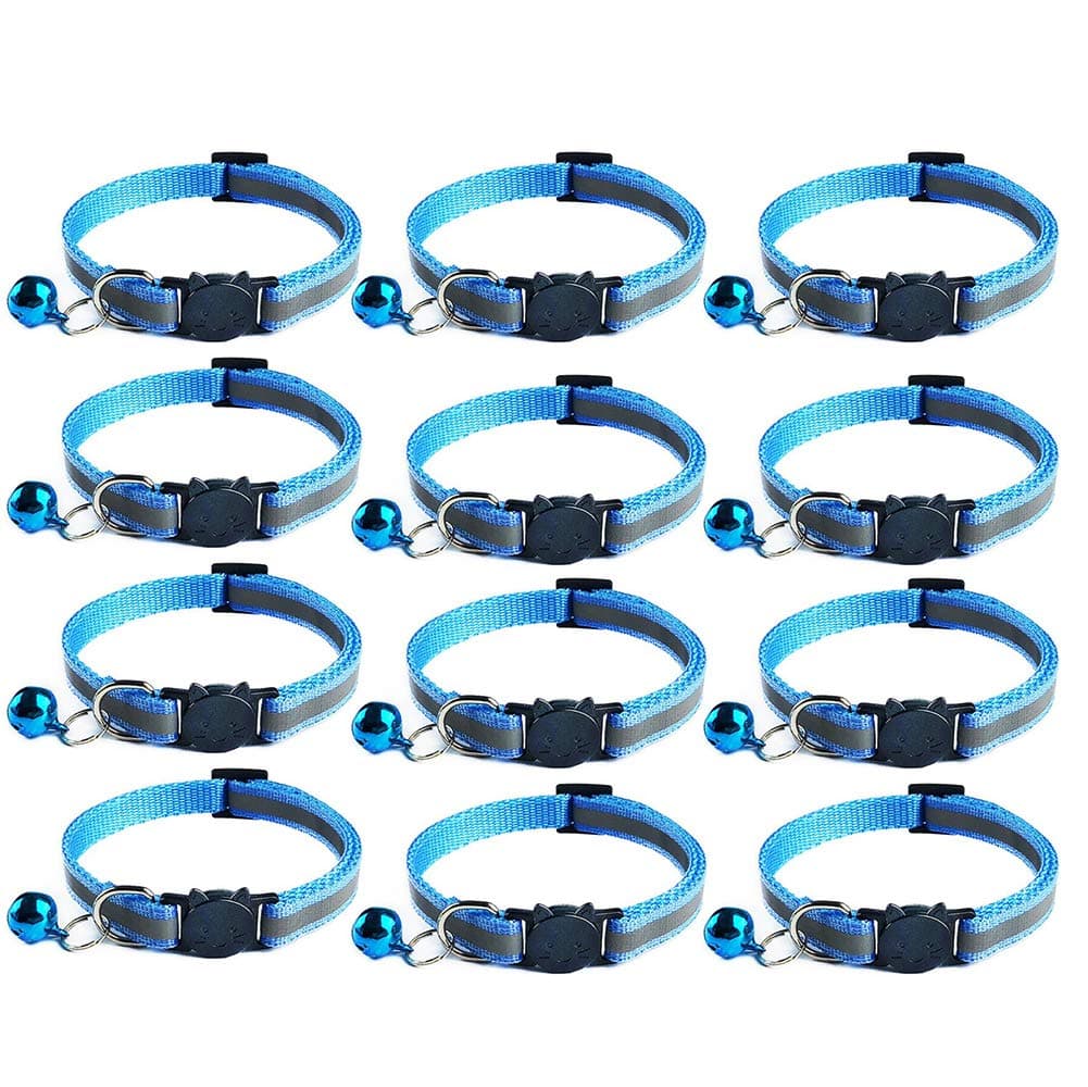 12x Reflective Design Adjustable Cat Collars More Safety Quick Release Safety Buckle with Bell (Sky Blue)