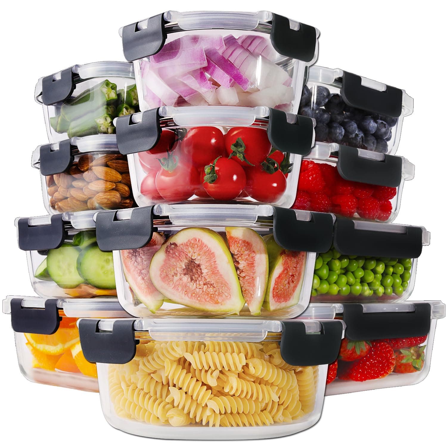 HOMBERKING 24pc Borosilicate Glass Food Storage Containers with Lids, Glass Meal Prep Containers with Leak Proof Snap Lock, Airtight Bento Lunch Boxes, Kitchen Storage (12 lids & 12 Containers)-Black