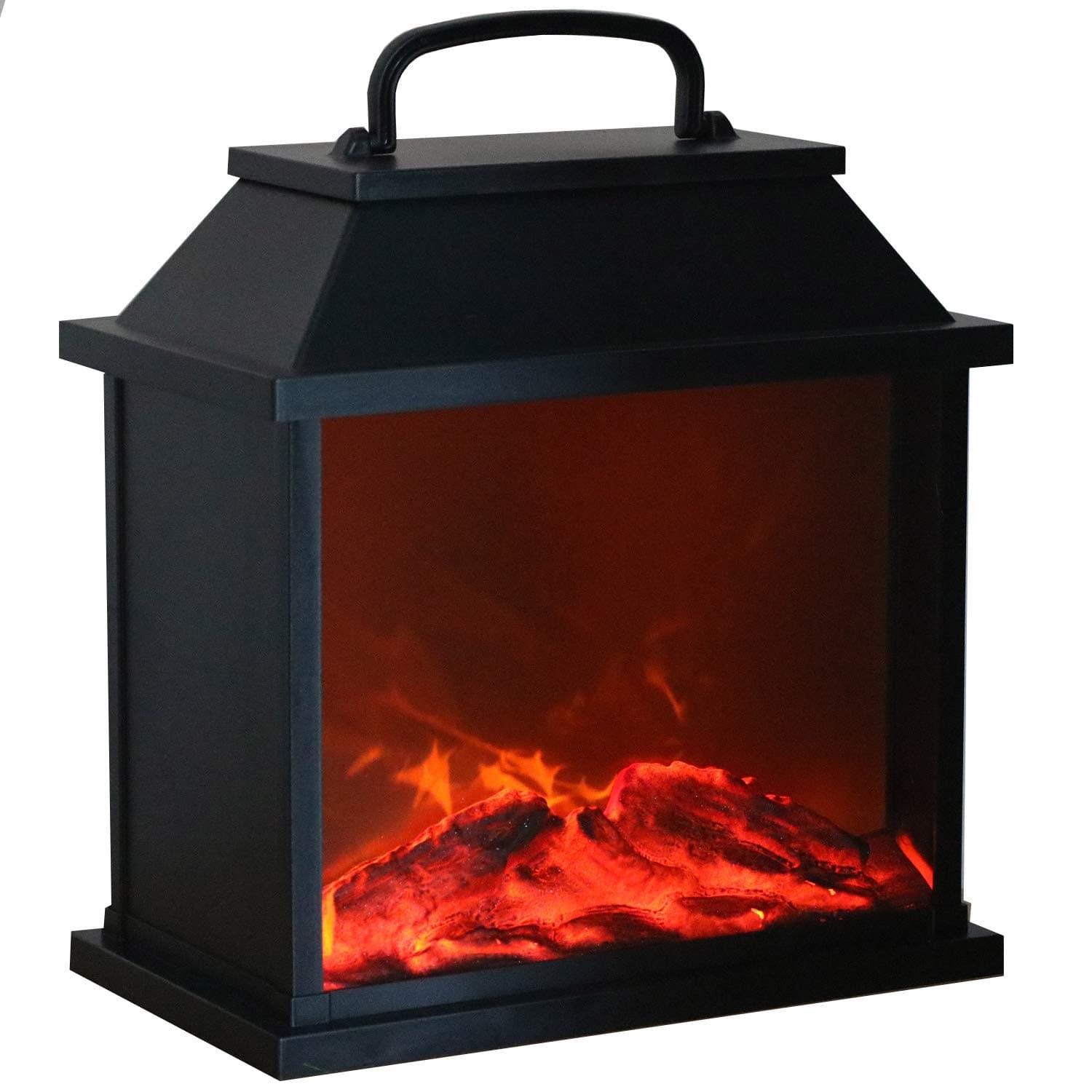 Tronje LED Fireplace Lamp - Flameless Fire Simulation - Lantern in Black 4h-Timer 6 LEDs Artificial Flame Effect USB or Battery Operated