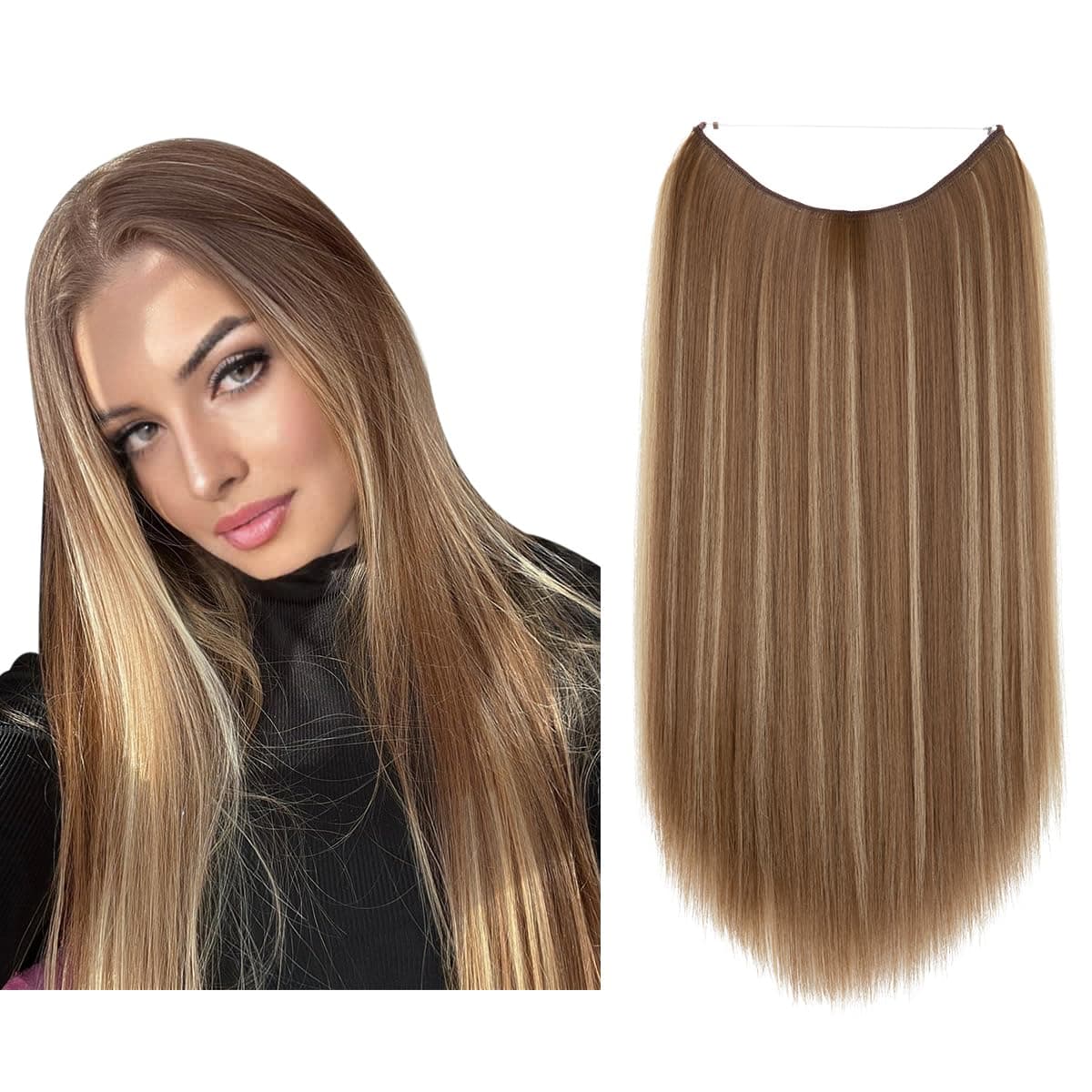 SARLA Invisible Wire Hair Extensions 22 inch Long Synthetic Hairpieces Straight Ash Medium Brown With Ash Blonde Highlight Adjustable Headband for Women No Clip