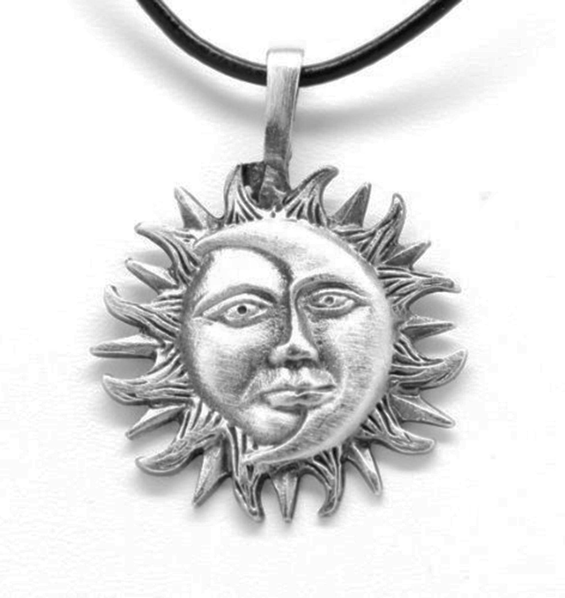 Trilogy JewelryPewter Sun Moon Face Celestial Lunar Solar Pendant, Black Necklace Cord with Clasp