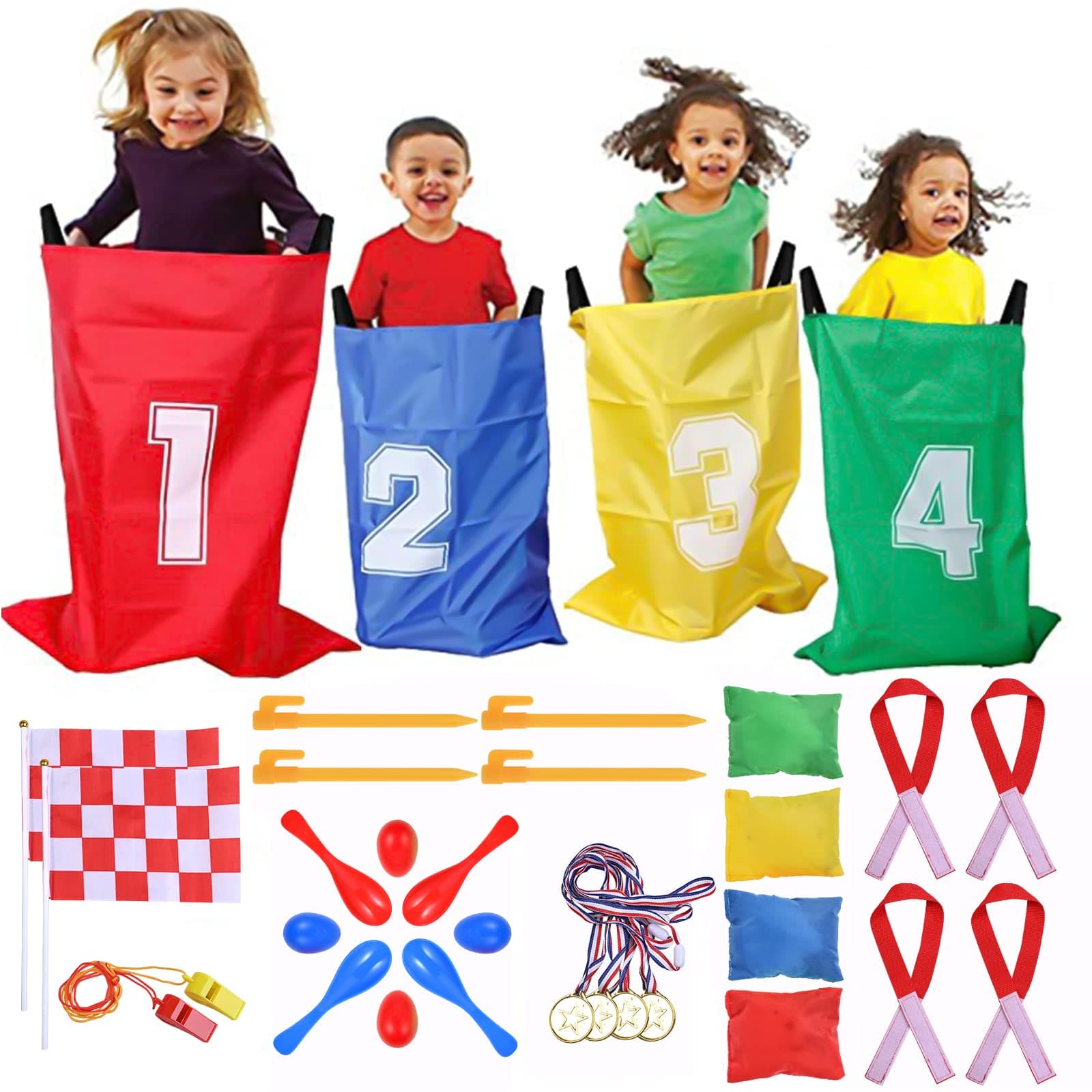 GOLDGE 28 Piece Outdoor Games Kit for Kids, Includes Potato Sack Race Bags, Bean Bag Toss, 3 Legged Race Bands, Egg Spoon Relay, for Easter & Birthday Parties