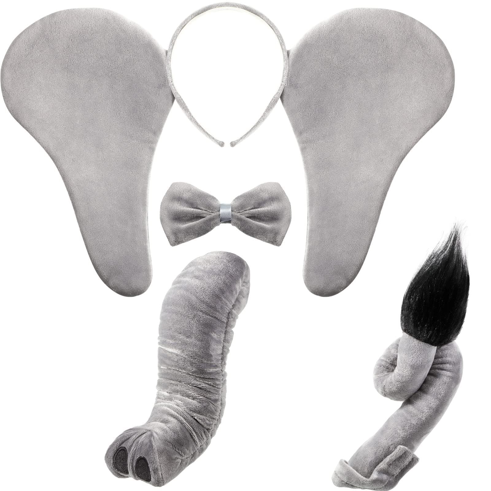 Lewtemi 4 Pieces Kids Elephant Costume Accessories Set Grey Elephant Headband Elephant Ears Nose Tail and Bow Tie for Children Adult Halloween Dress up Costume Parties