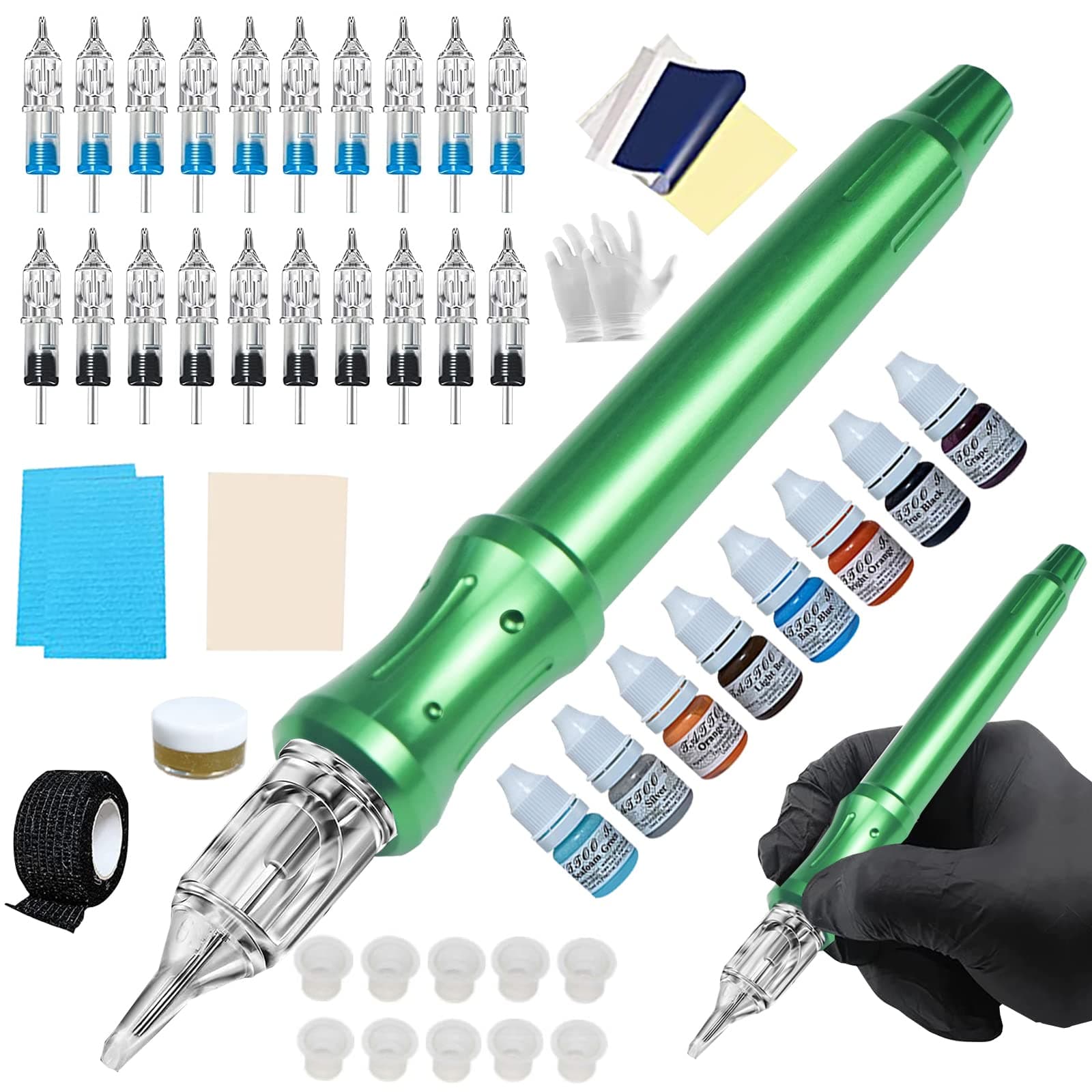 Handpoke Tattoo Kit Metal Manual Tattoo Kit DIY Tattoo Tool Kit For Home Use With Tattoo Ink 20PCS Tattoo Cartridge Needles Green